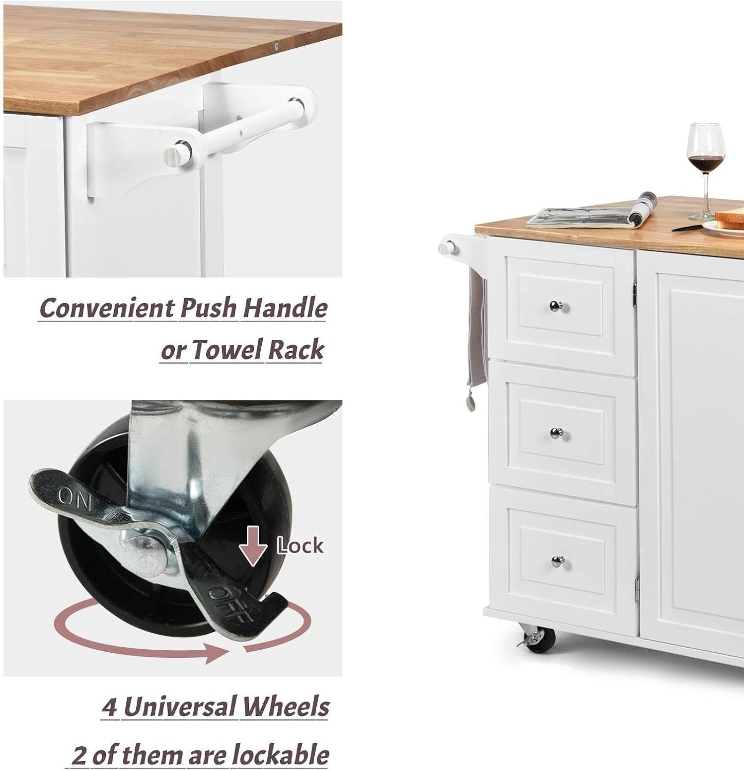 White Rolling Kitchen Island Cart with Extendable Top, 3 Drawers & Adjustable Sh