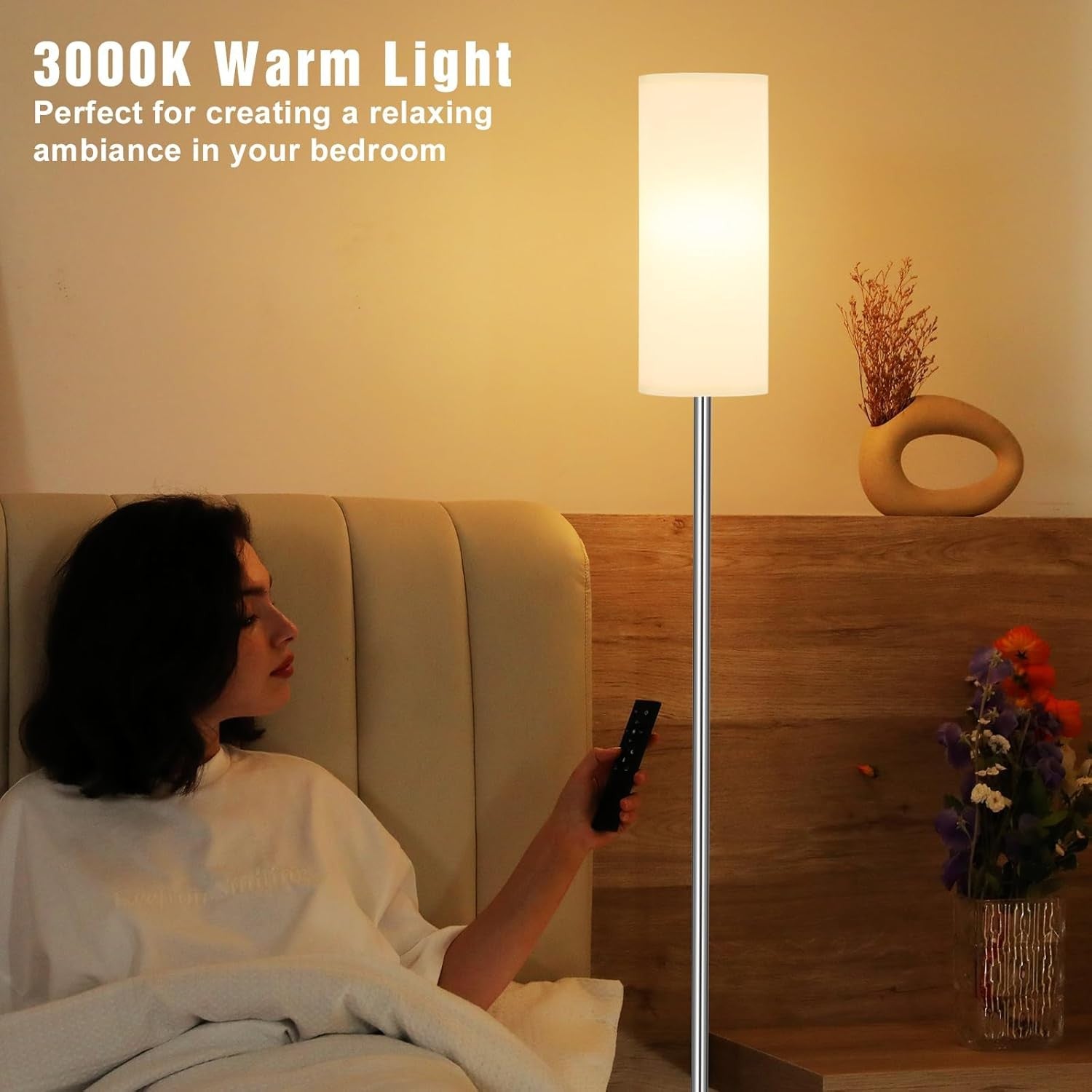 Modern Floor Lamp 64 Inch Standing Light White Shade Silver Pole Living Room