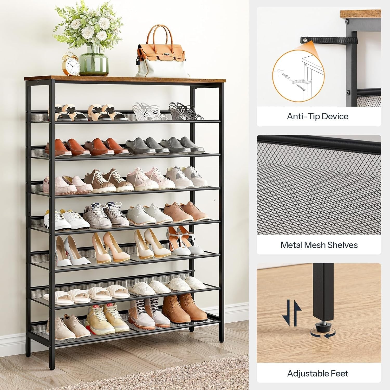Large 8-Tier Shoe Rack 100cm Wide | Stores 35 Pairs | Adjustable Metal Shelves