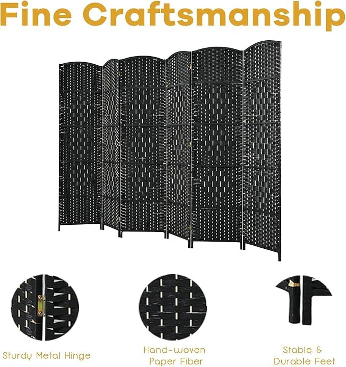 6 Panel Folding Room Divider – Black Woven Privacy Screen for Bedroom