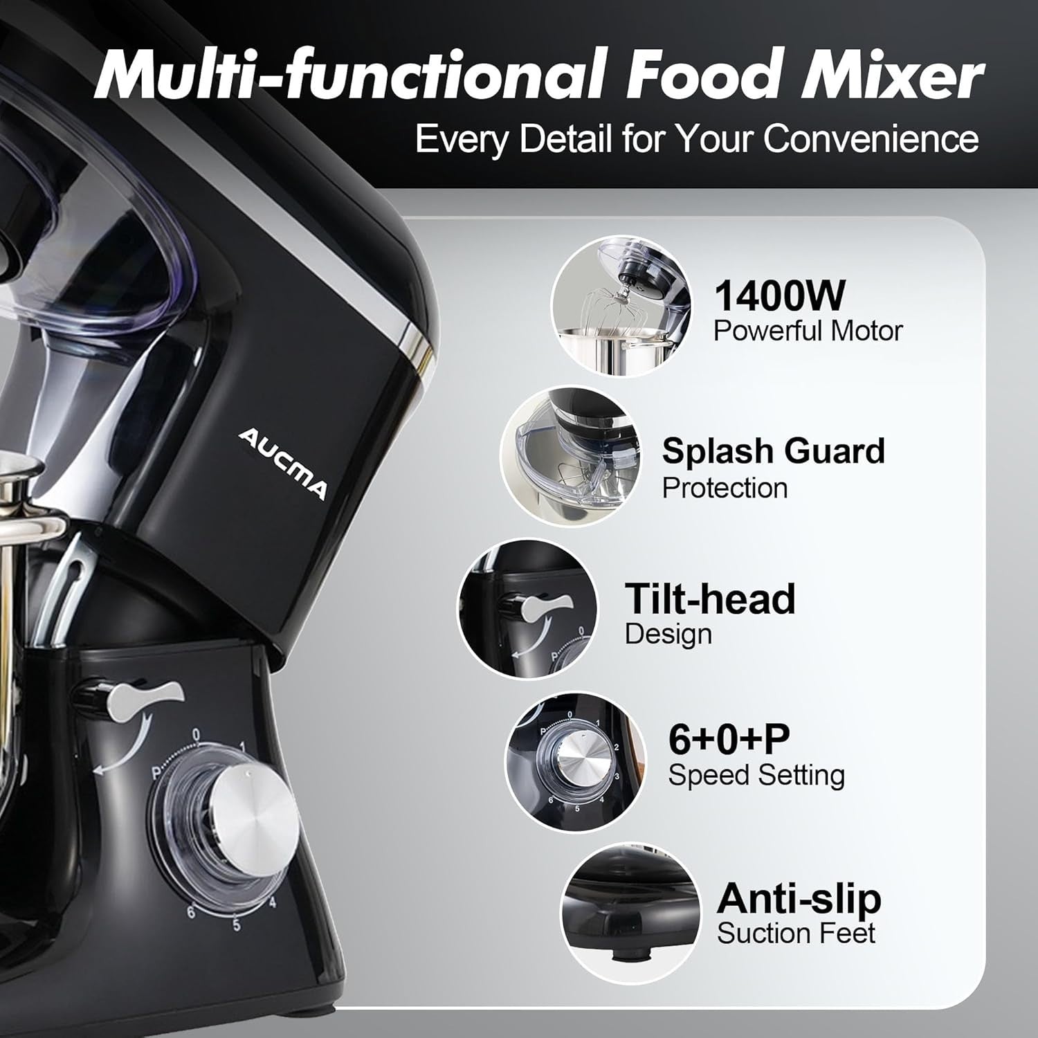 1400W 7.5L Stand Mixer 6-Speed Food Dough Bread Cake Beater Whisk Bowl
