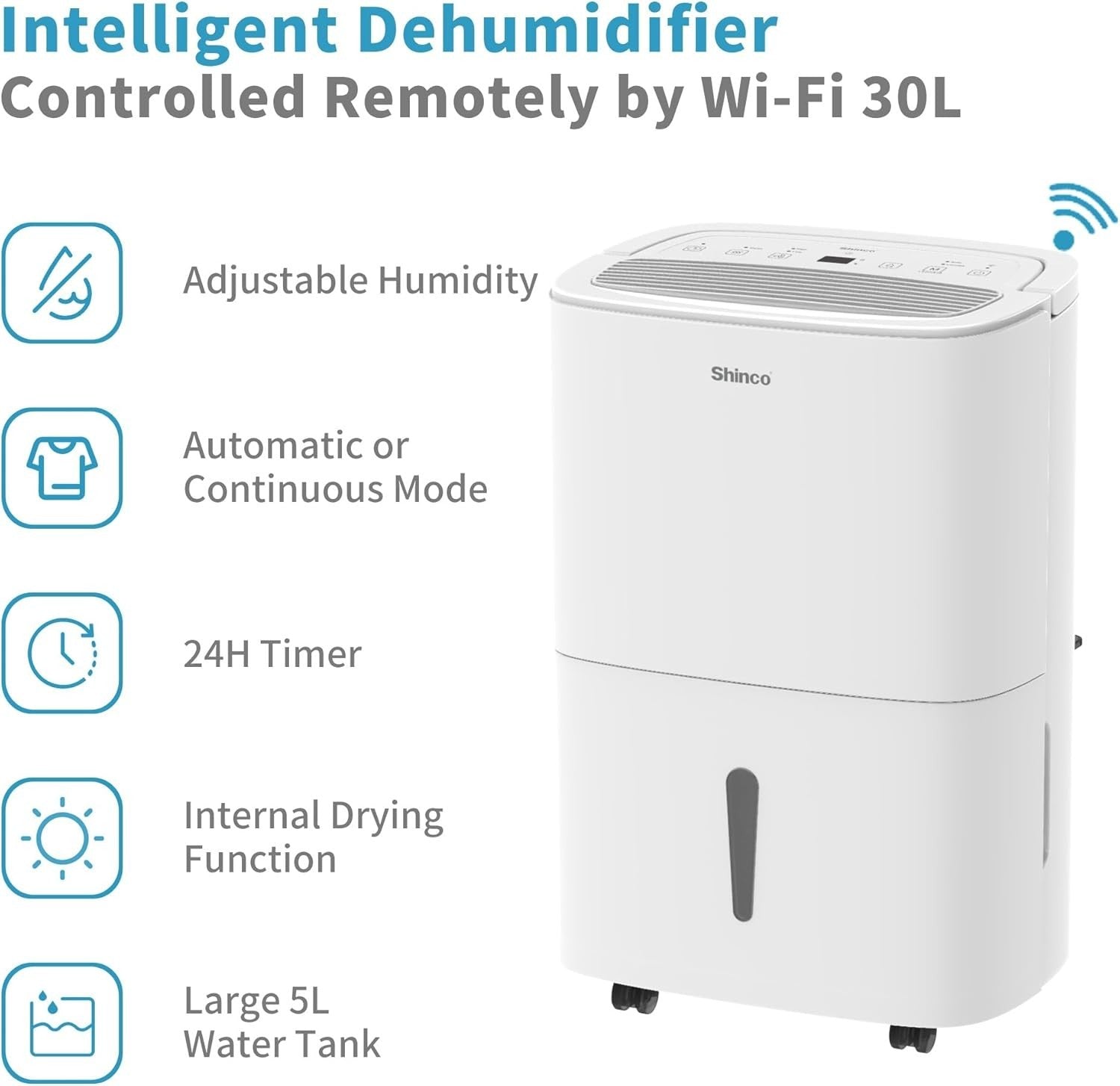 30L Smart Dehumidifier Air Purifier Large Room Continuous Drain Timer