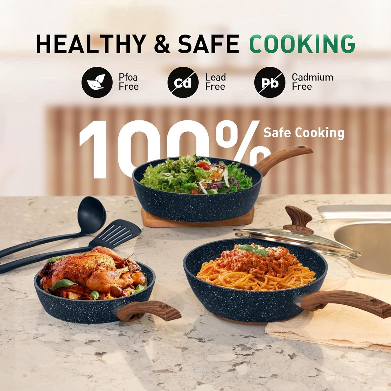 12pcs Blue Granite Non Stick Cookware Set – Pots & Pans with Lids and Utensils
