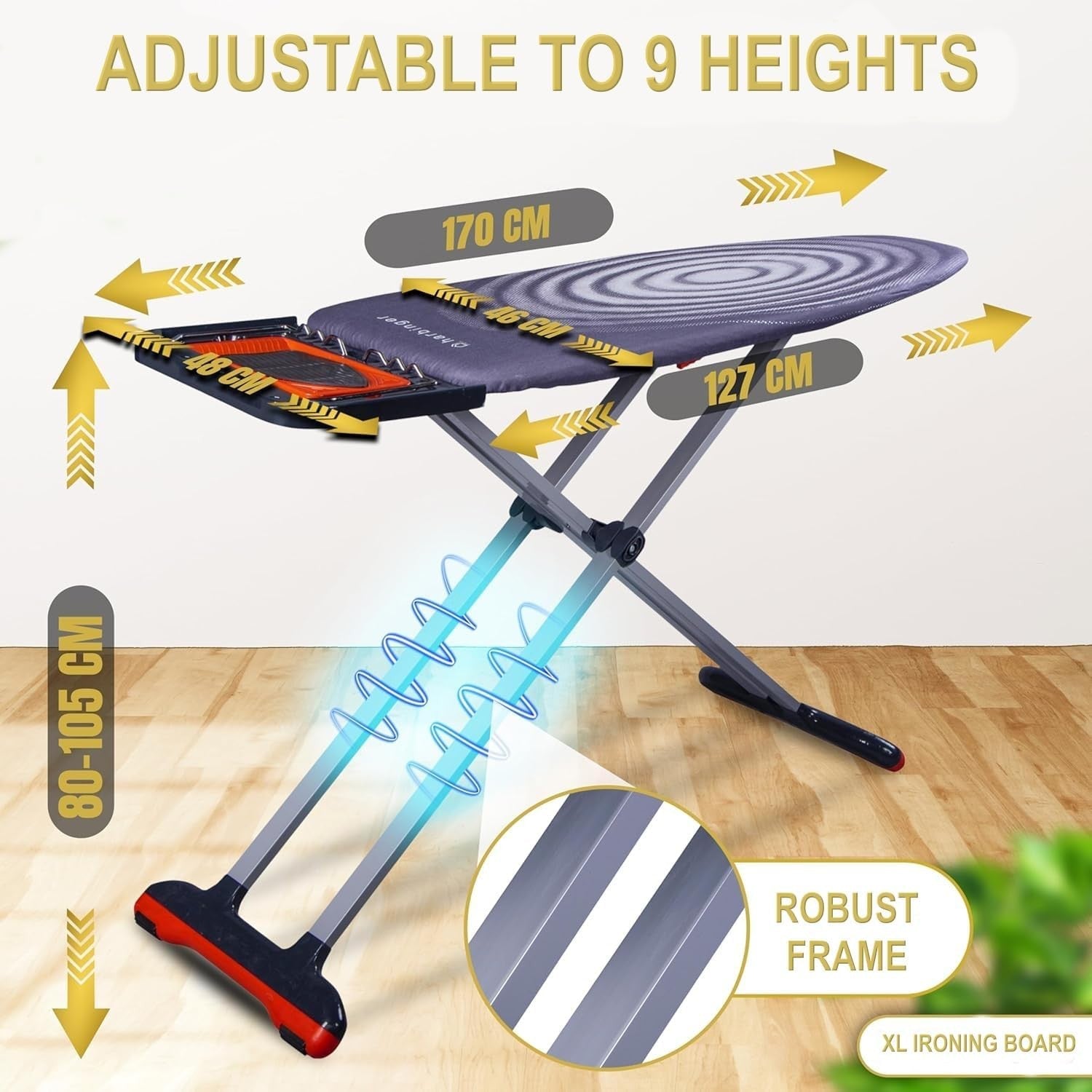 Extra Wide Ironing Board XL 127x46cm Adjustable Height Steam Holder