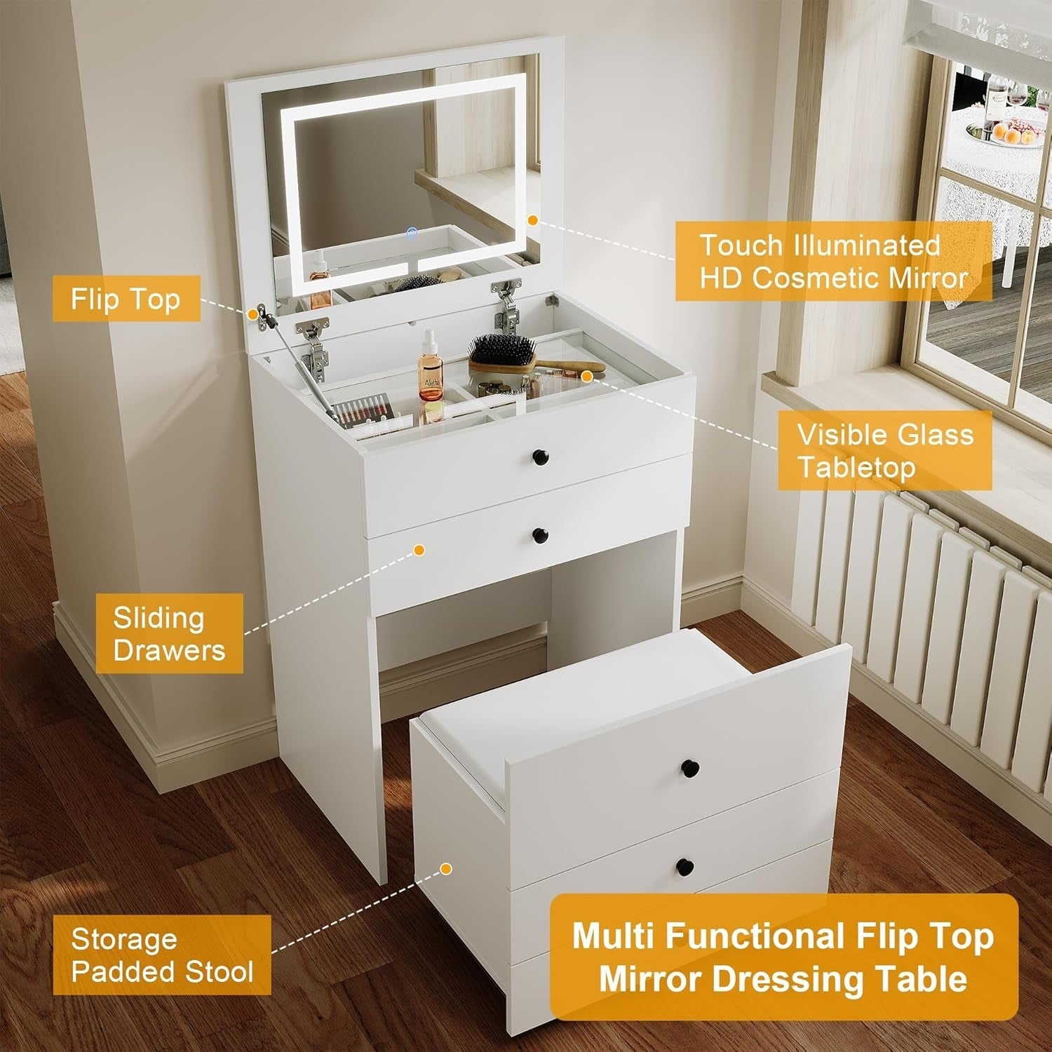 White Makeup Vanity Table with LED Mirror Lights, Flip Top Desk & Storage Stool