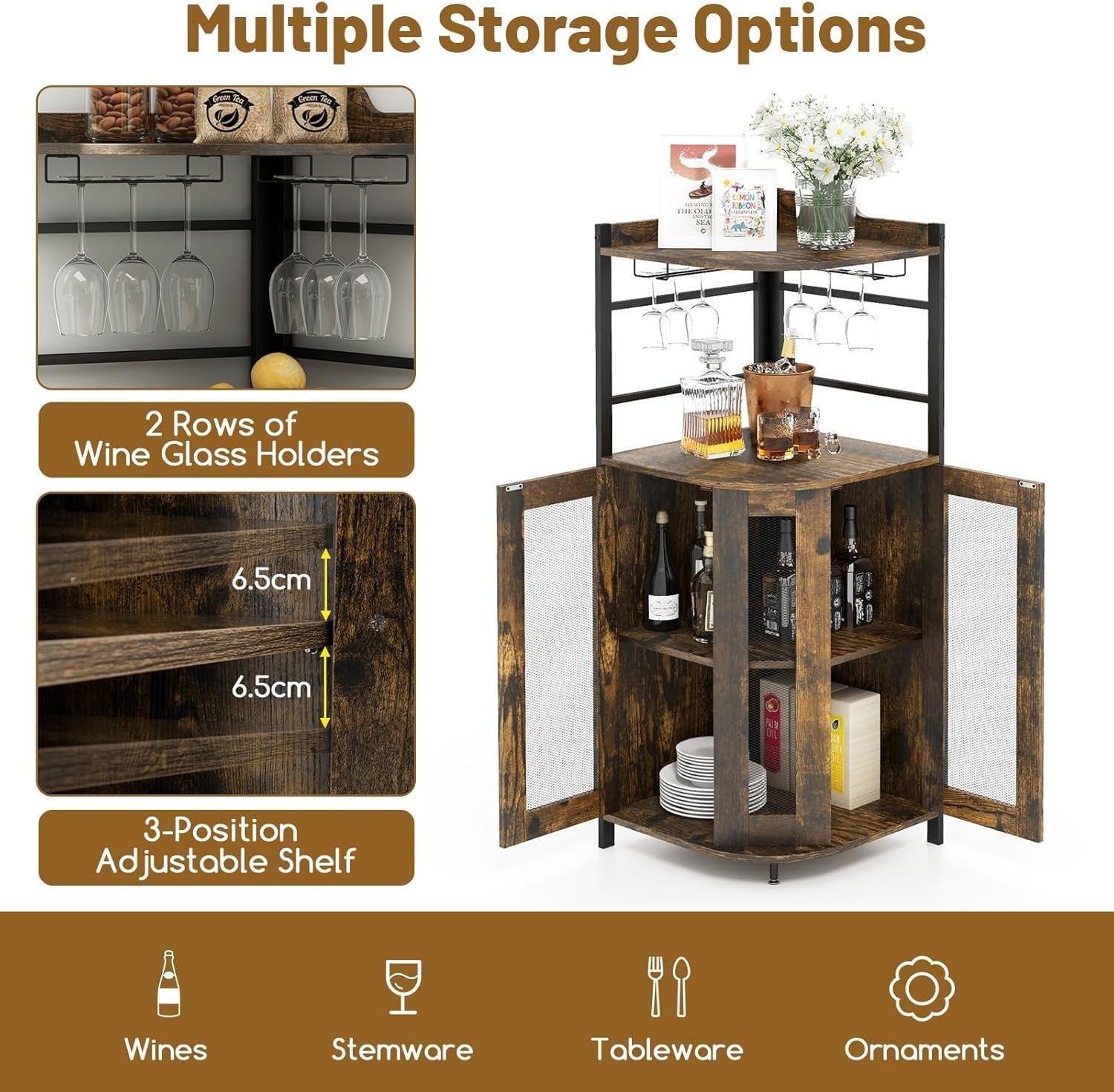 Corner Bar Cabinet with Wine Rack, Glass Holders & Shelf Rustic Industrial Unit