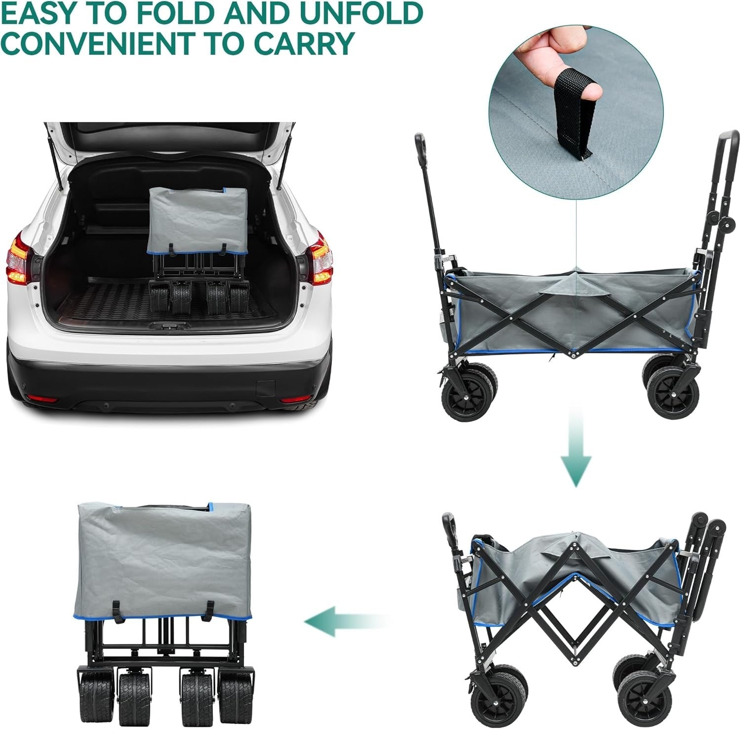 Grey Folding Beach Wagon Cart w/ Canopy Push Pull Large 220lb Capacity
