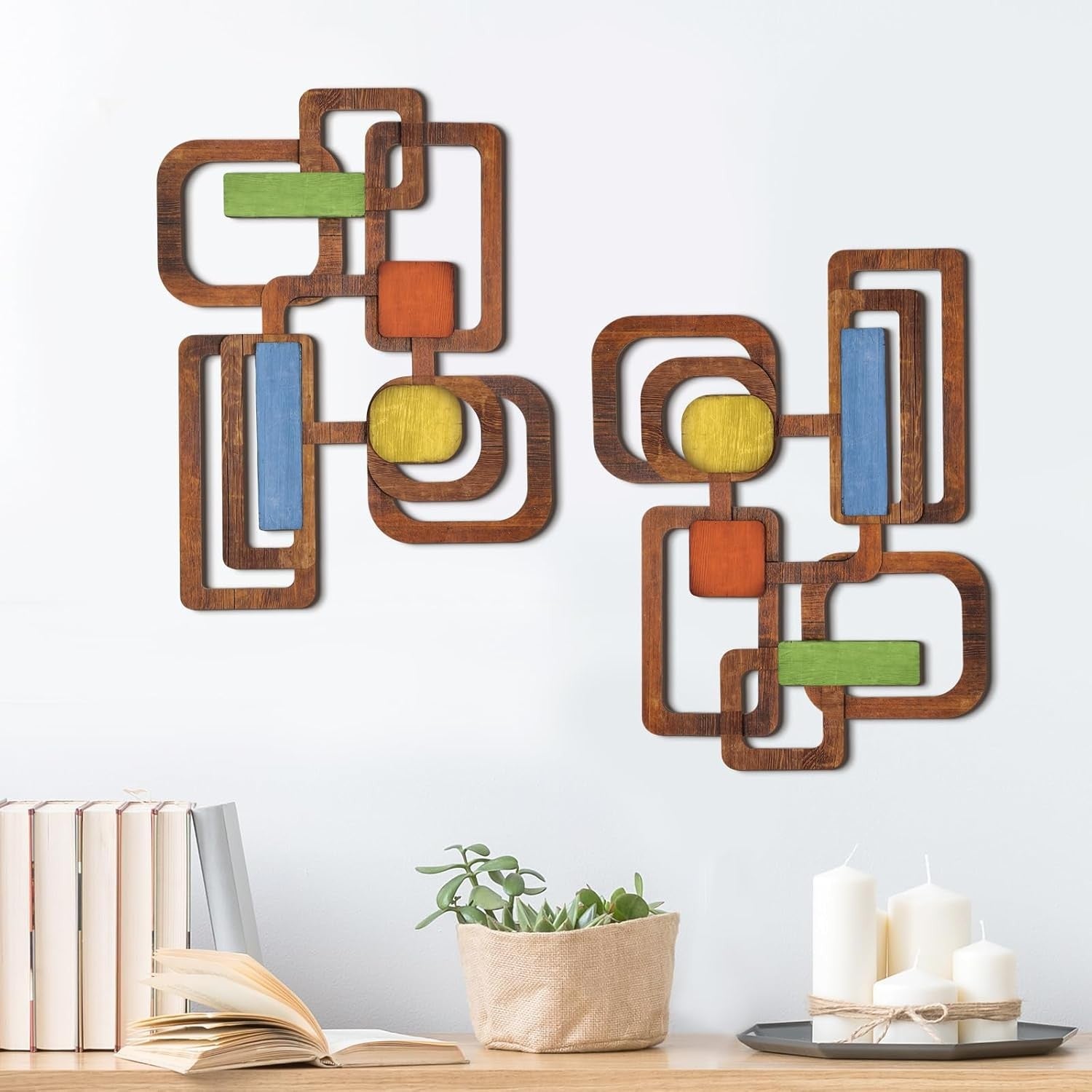 Mid Century Modern 2pcs Wooden Wall Decor 15.75x9.8 in Abstract Art