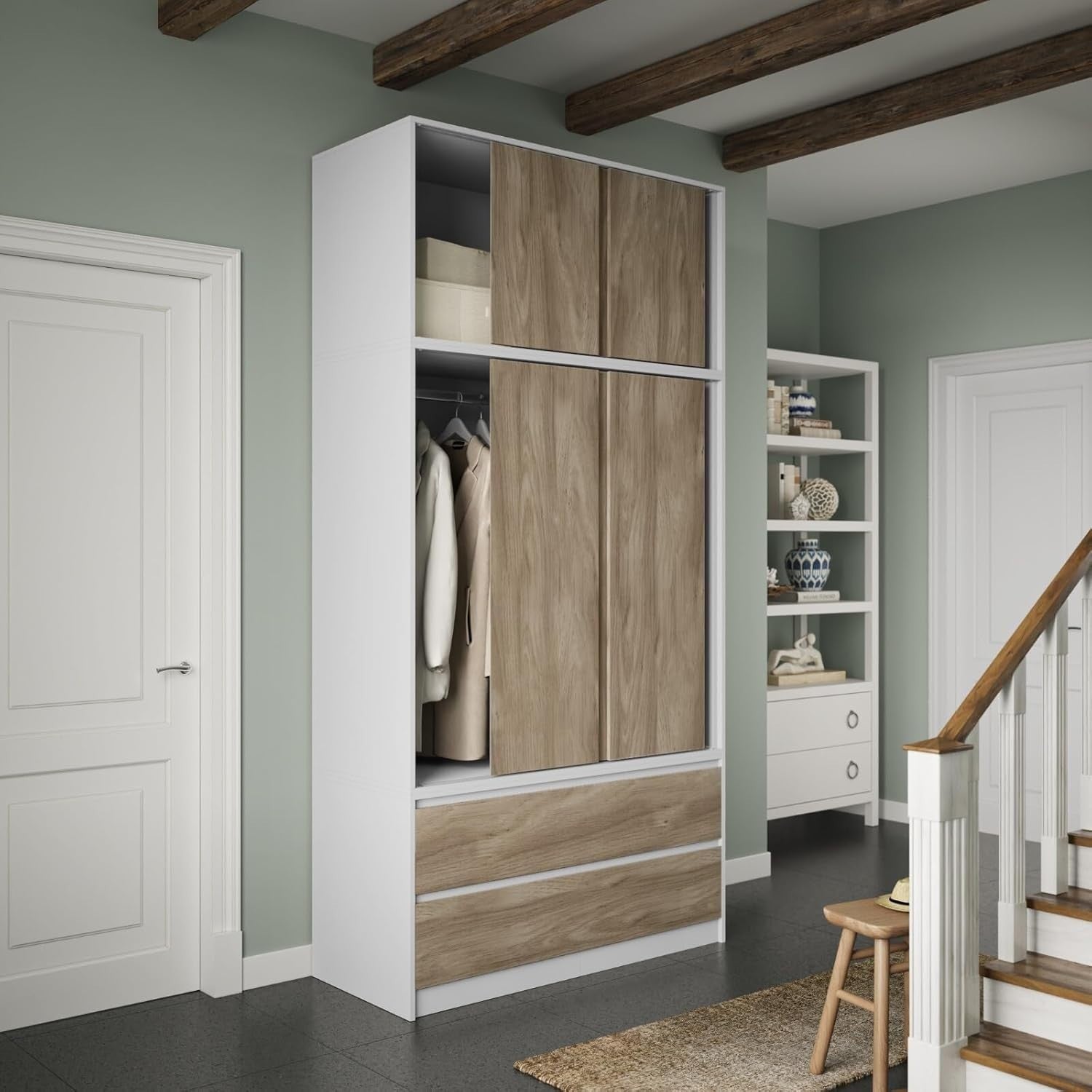 Oak Door Sliding Wardrobe 240cm 6 Doors 4 Drawers Spacious Bedroom Closet