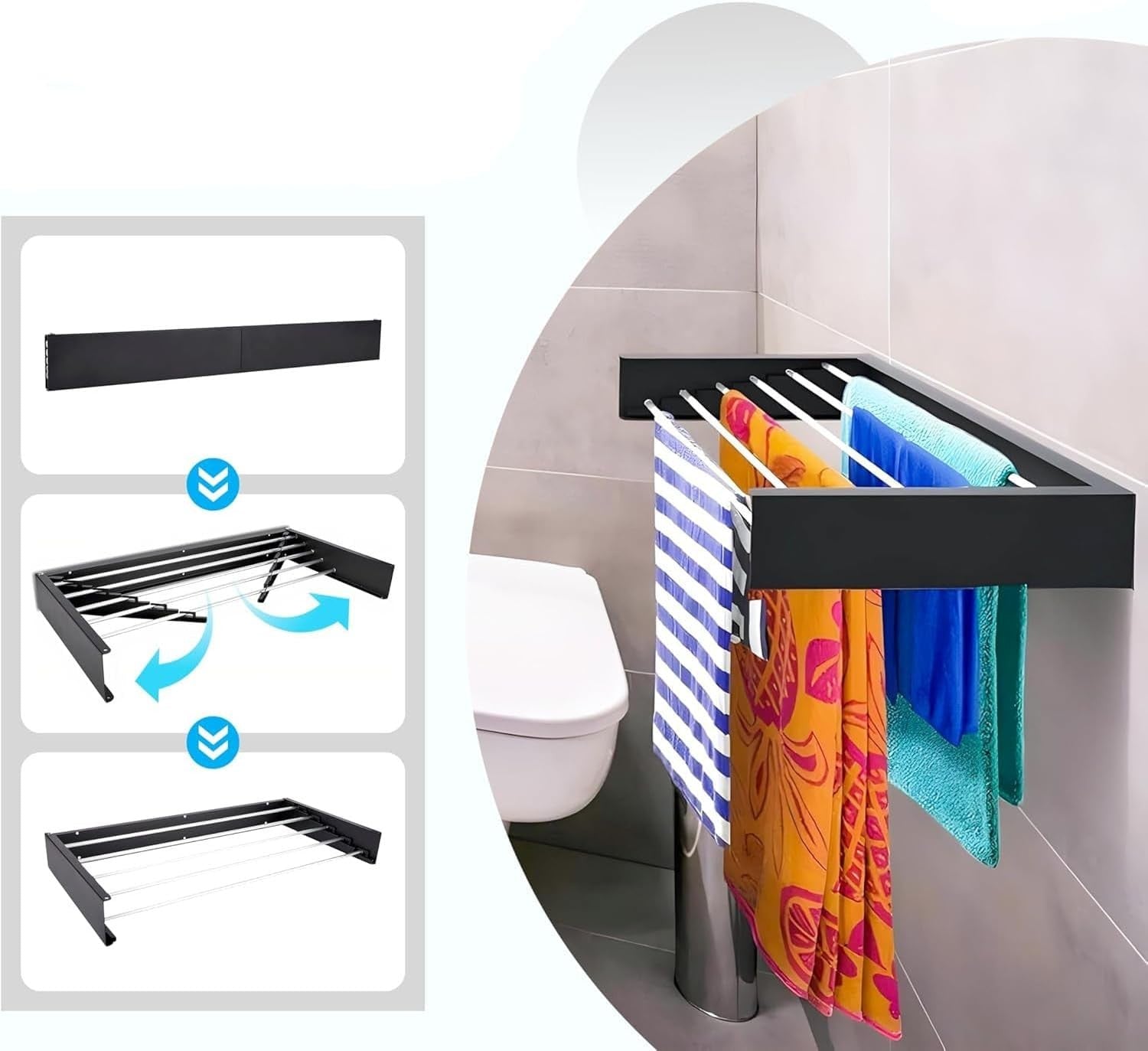 Wall Mounted Clothes Airer 100cm Foldaway Drying Rack Retractable Black