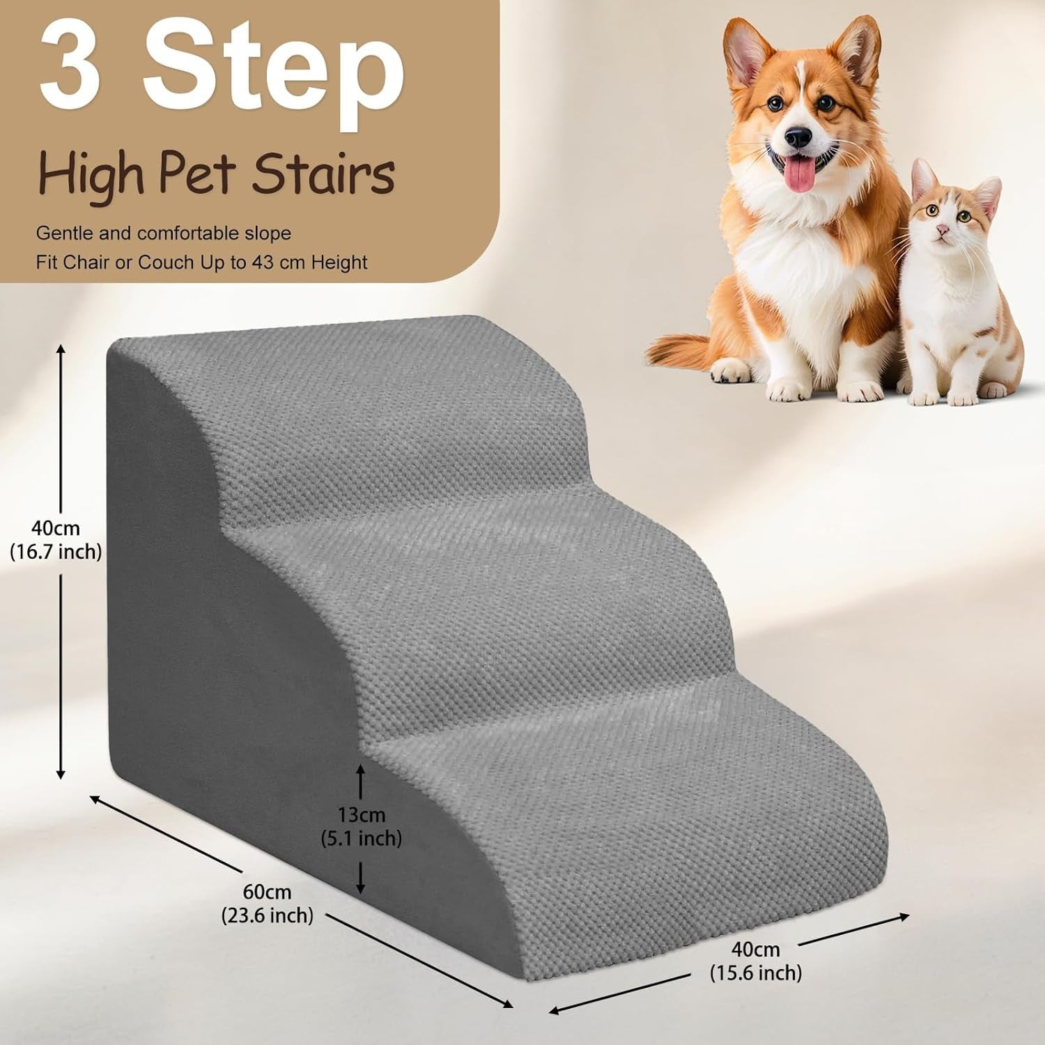 3 Step Dog Stairs Foam Pet Ramp for Sofa Bed Non Slip Grey
