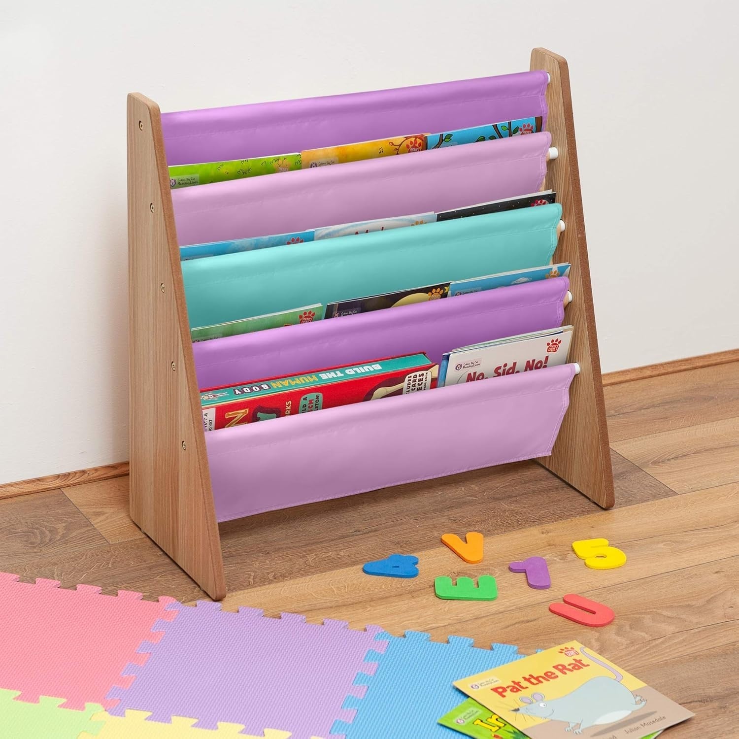 Kids Pink Sling Bookshelf – 4-Tier Wooden Storage with Soft Fabric Shelves
