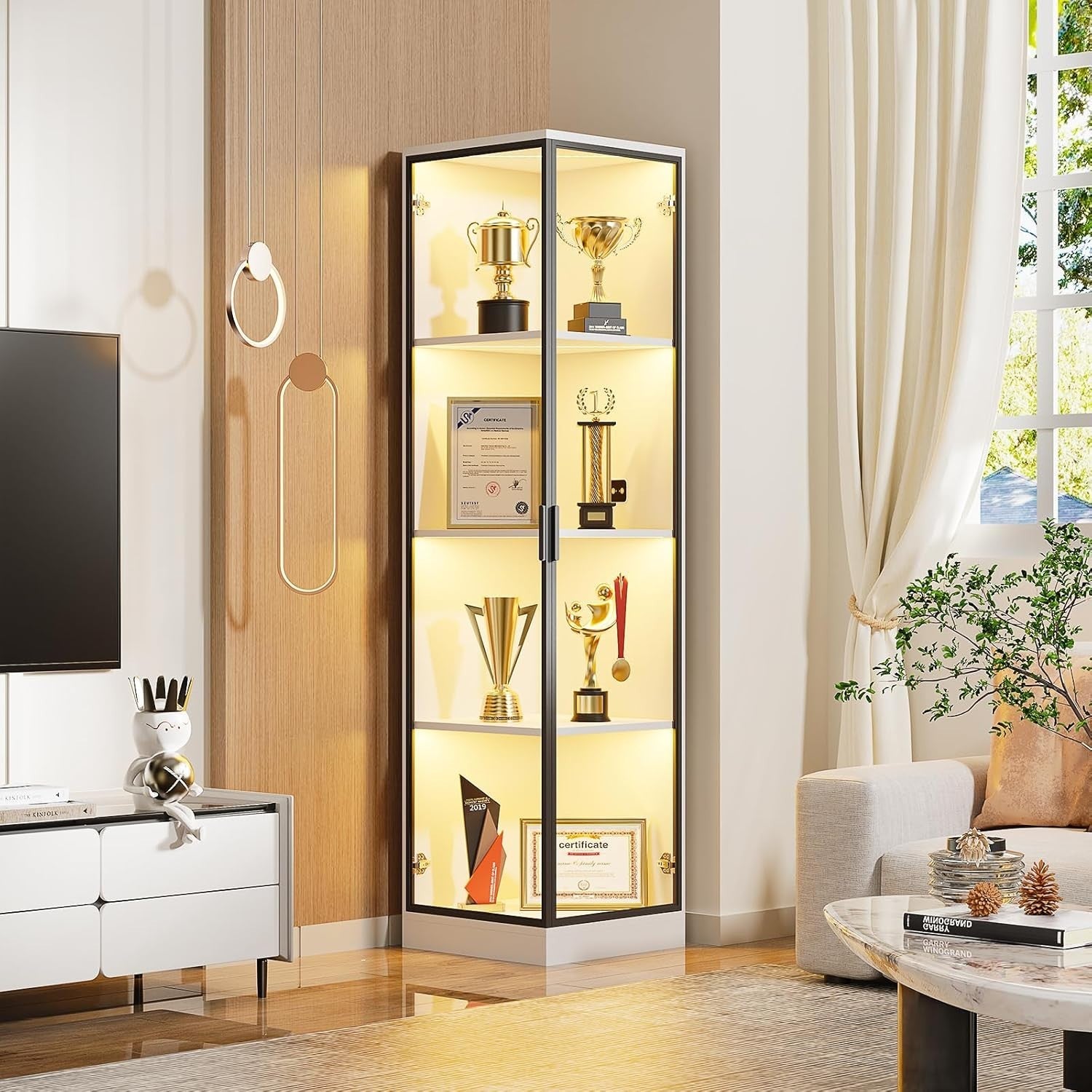 Corner Display Cabinet with LED Lights & Magnetic Lock, Human Sensor, 62.9" Tall