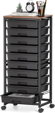 Black 10 Drawer Rolling Storage Trolley Craft Organizer with Wooden Top