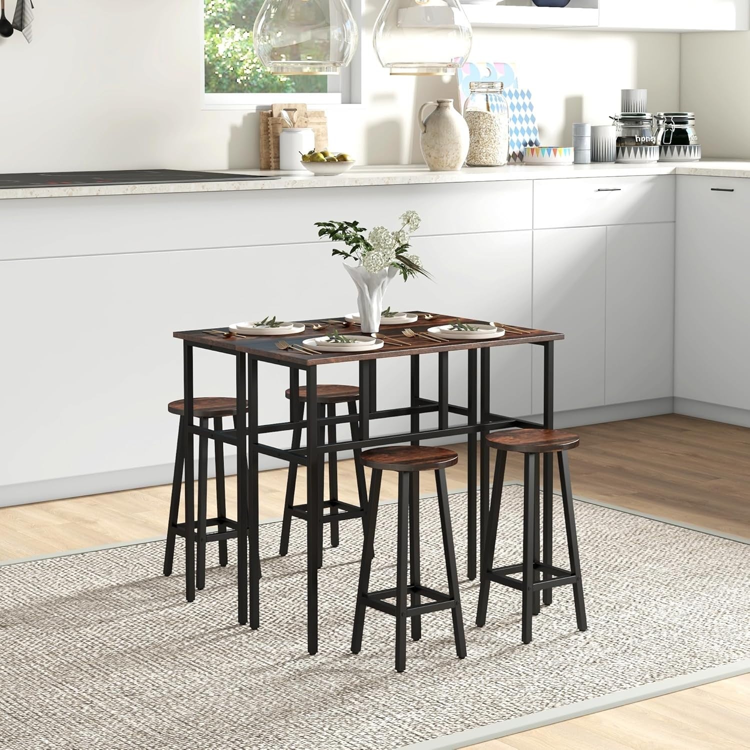 6-Piece Bar Table Set 2 High Tables & 4 Stools, Rustic Brown Space-Saving Dining