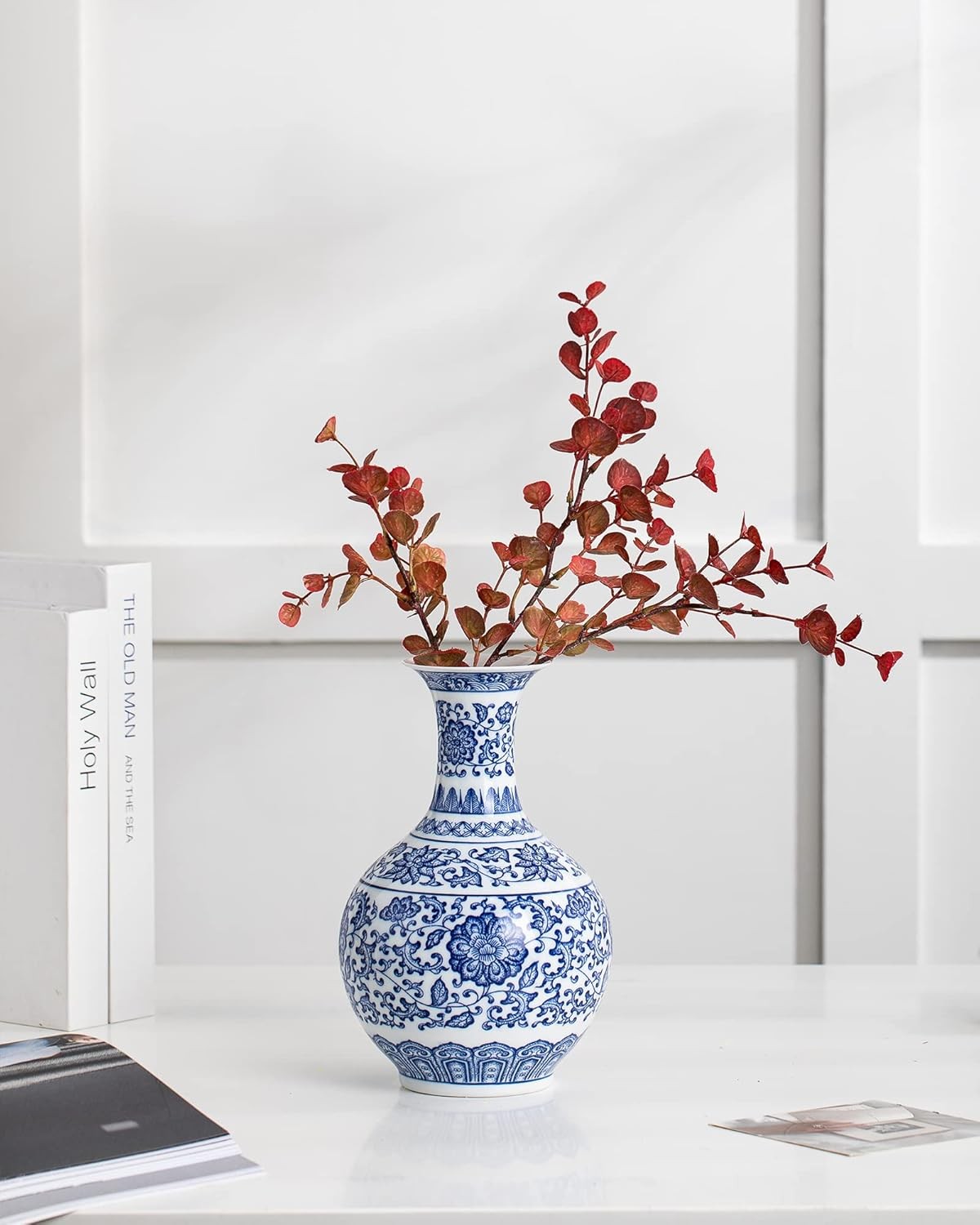 Blue White Chinoiserie Ceramic Vase 9.5in Glossy Floral Table Decor