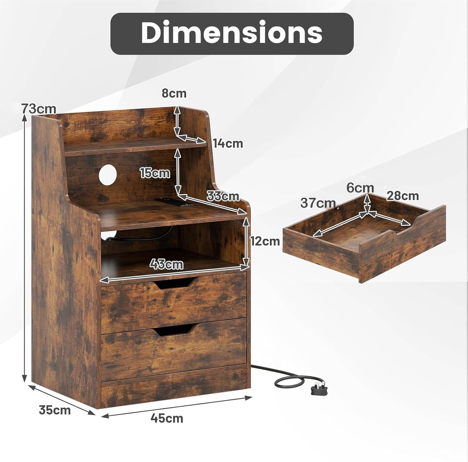 Rustic Brown LED Bedside Table with Charging Station, Drawers & RGB Shelf Unit
