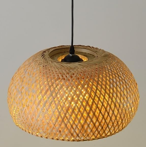 Rattan Bamboo Pendant Light, Battery Operated, Remote Controlled 18"
