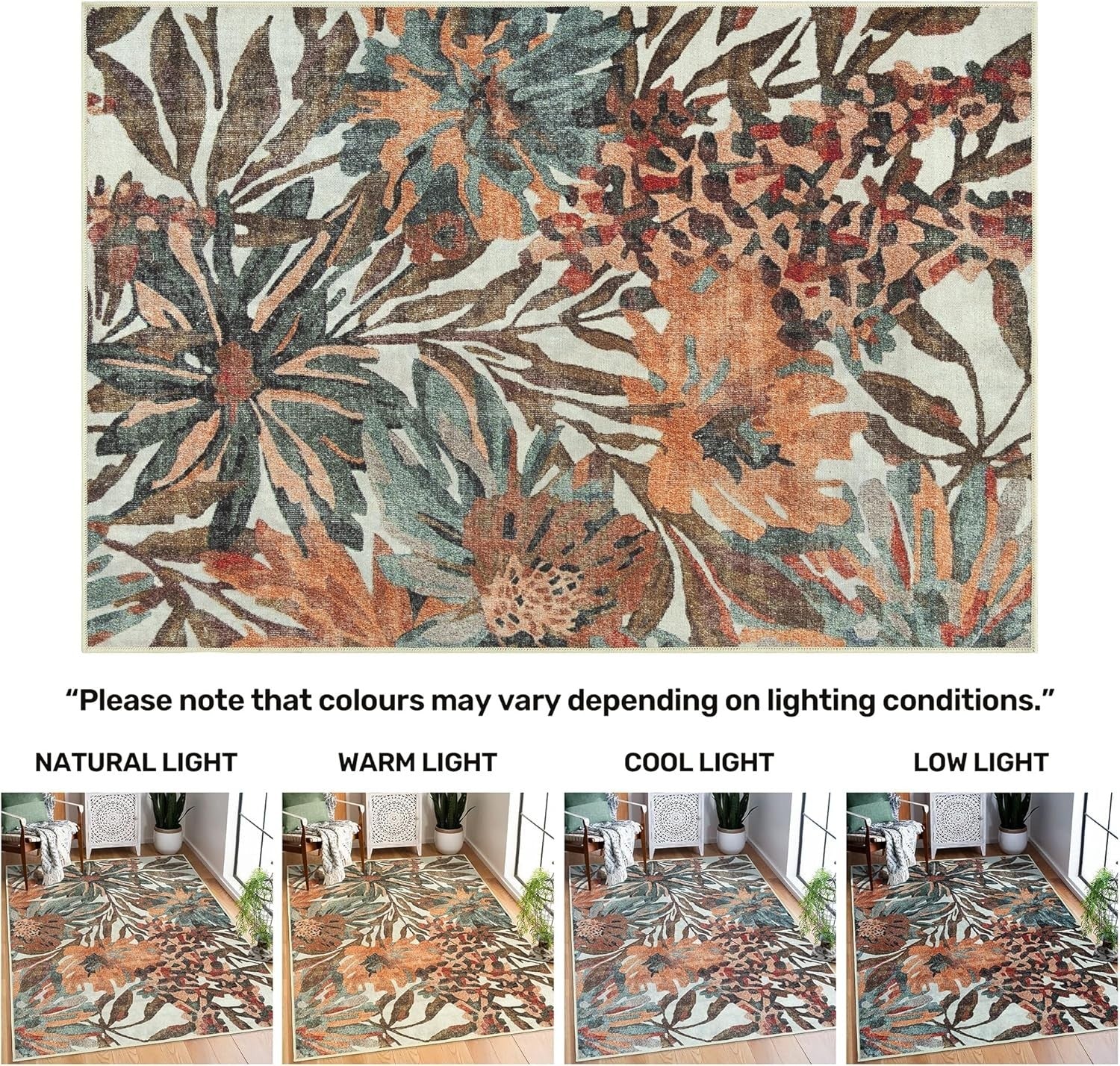 Large Washable Rug 200x290cm Non-Slip Soft Floral Area Carpet Dark Khaki Peach