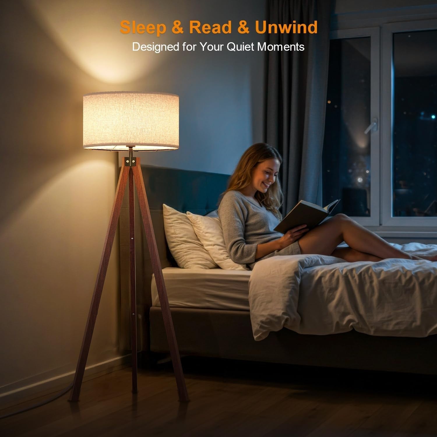Modern Tripod Floor Lamp Brown E27 Wood Legs, Flax Shade Home Office