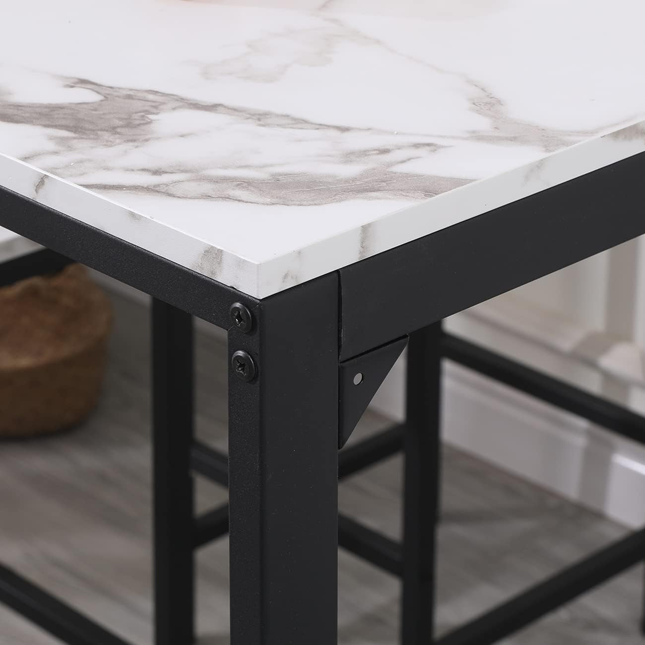 5Pcs Bar Table Set with 4 Stools White Marble Top Dining Kitchen Unit Furniture