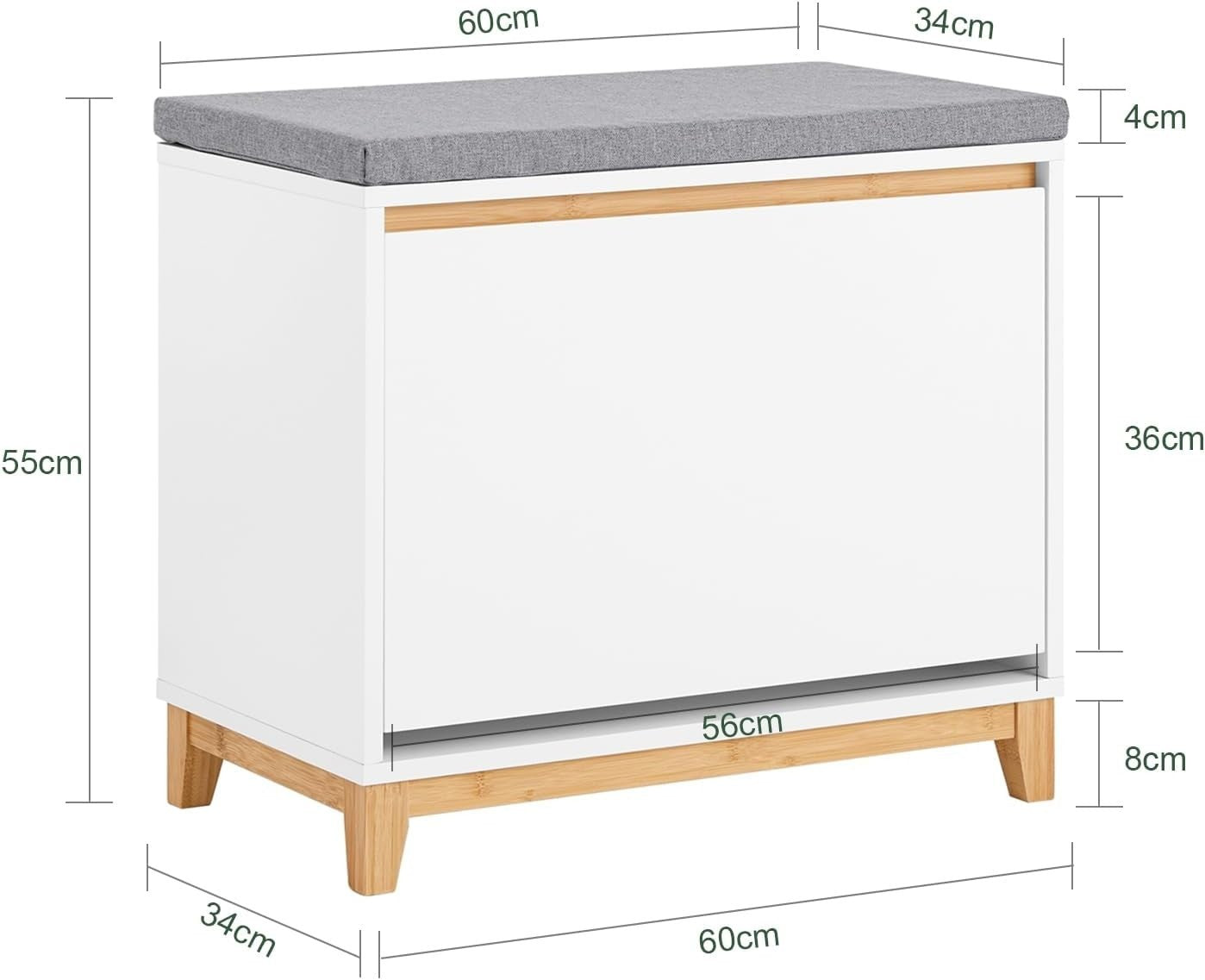 White Shoe Storage Bench with Cushion & Flip Drawer Hallway Cabinet 60x34x55cm