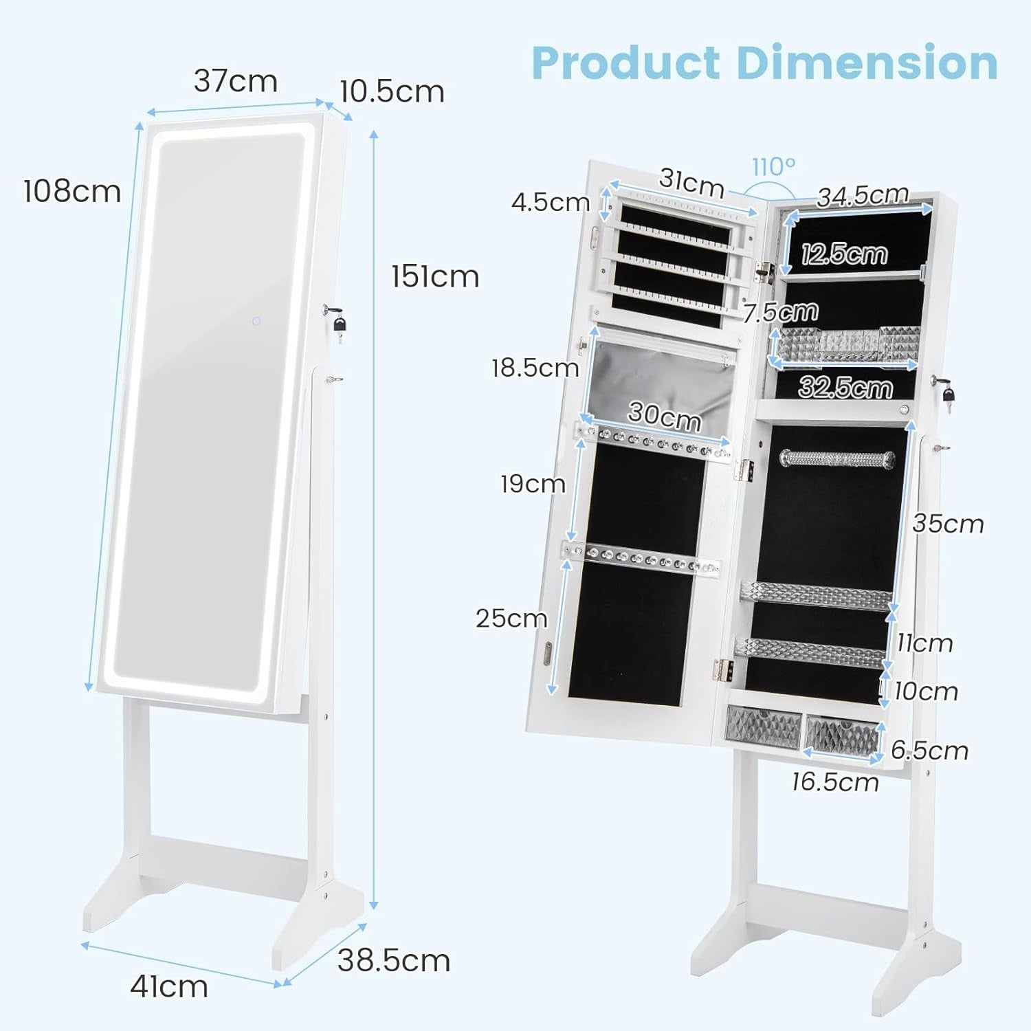 White LED Jewelry Cabinet Mirror Lockable 3-Color Light Storage Stand