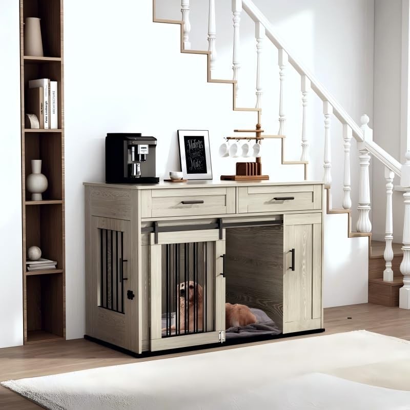 Large Indoor Wooden Dog Crate with Dual Sliding Doors, Storage & Lock