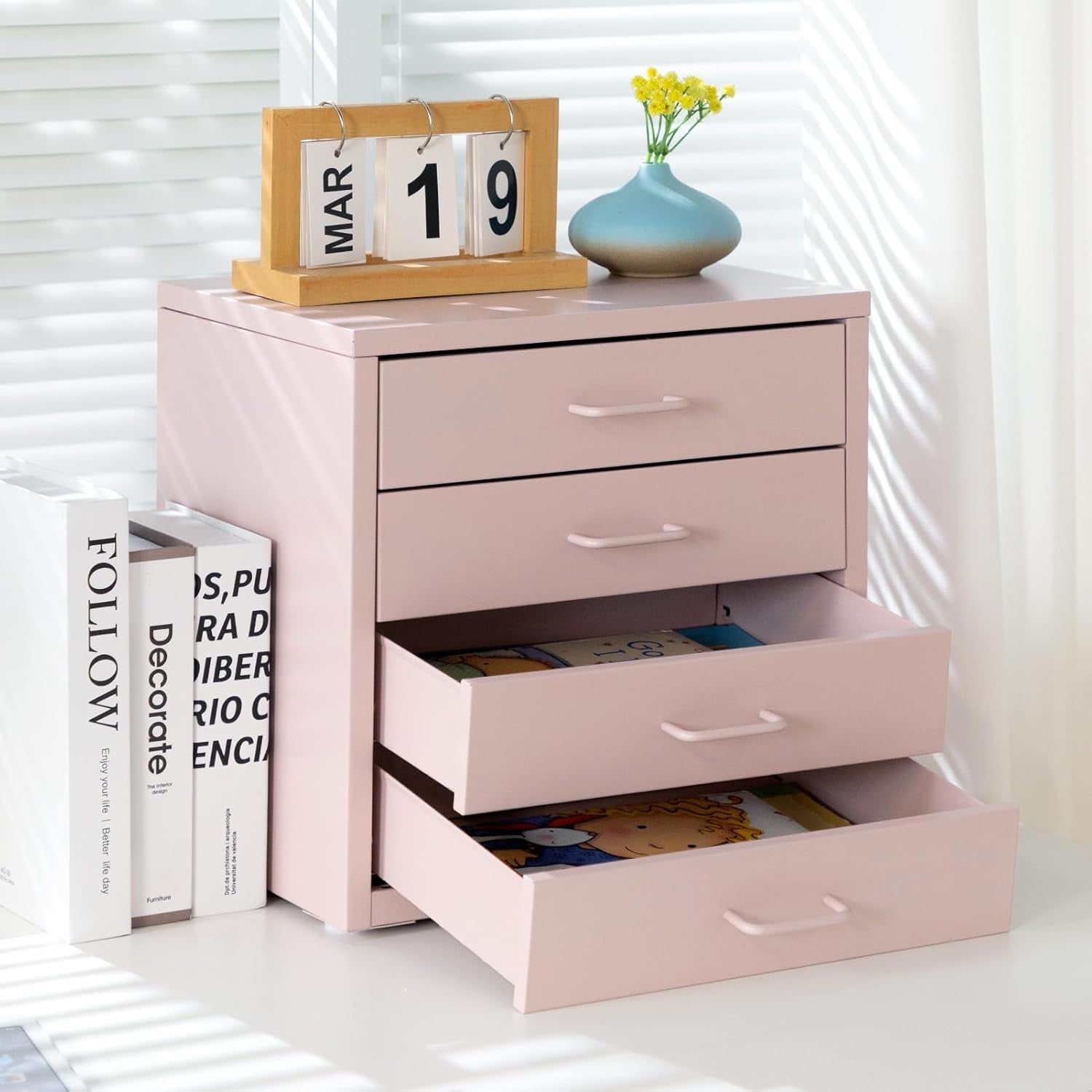 Pink Desktop A4 File Cabinet 4 Drawer Metal Office Storage Organizer