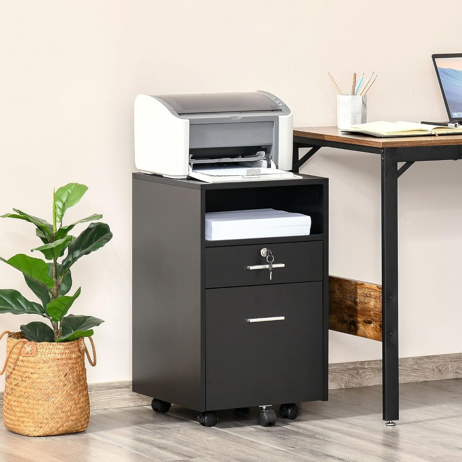 Black Lockable Mobile File Cabinet 39x40x65cm A4 Letter Storage