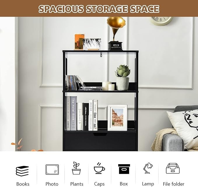 Freestanding Black Kitchen Storage Cabinet with Shelves Drawer Cupboard Modern