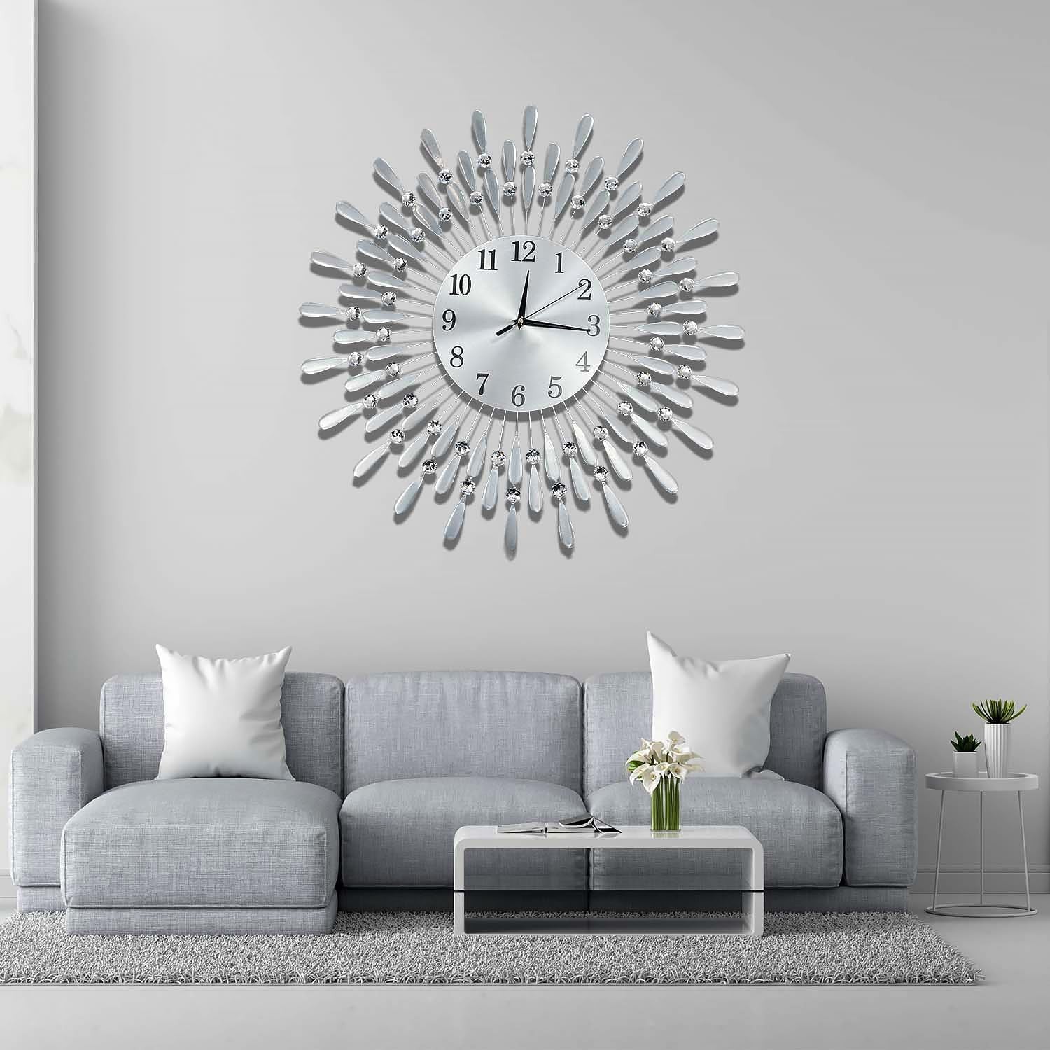 60cm Silver Sunburst Wall Clock – Luxury Diamante Beaded Modern Metal Design