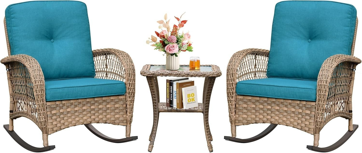 Rocking Rattan Bistro Set for 2 Outdoor Chairs Cushions Glass Table