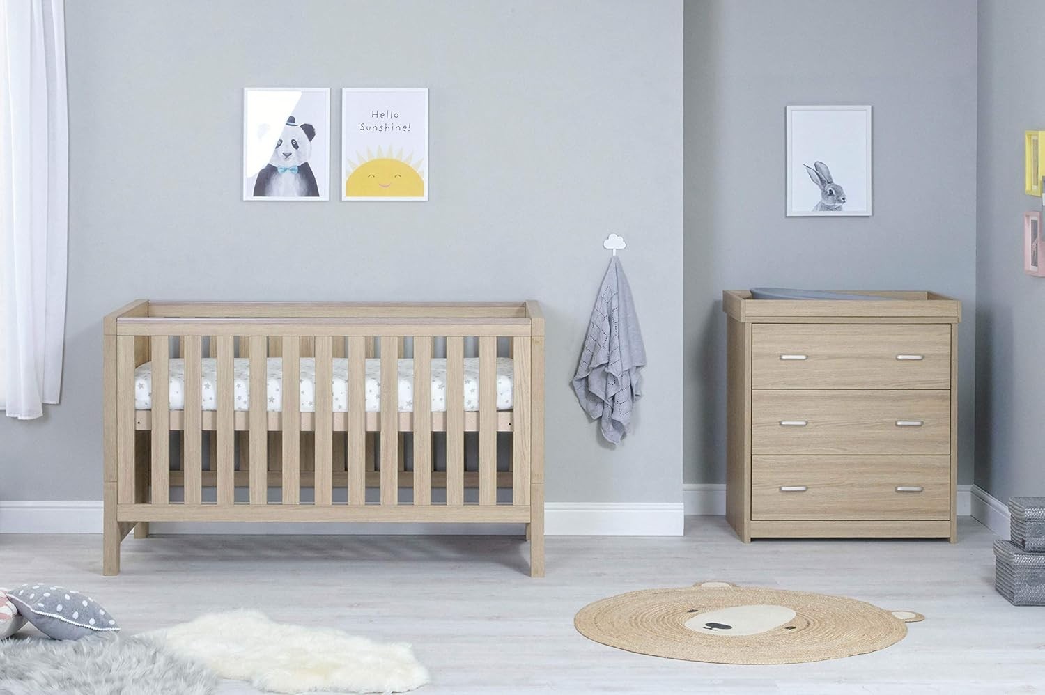 Nursery Furniture Set Cot Bed Wardrobe Chest Drawers Solid Wood Oak 2Pcs