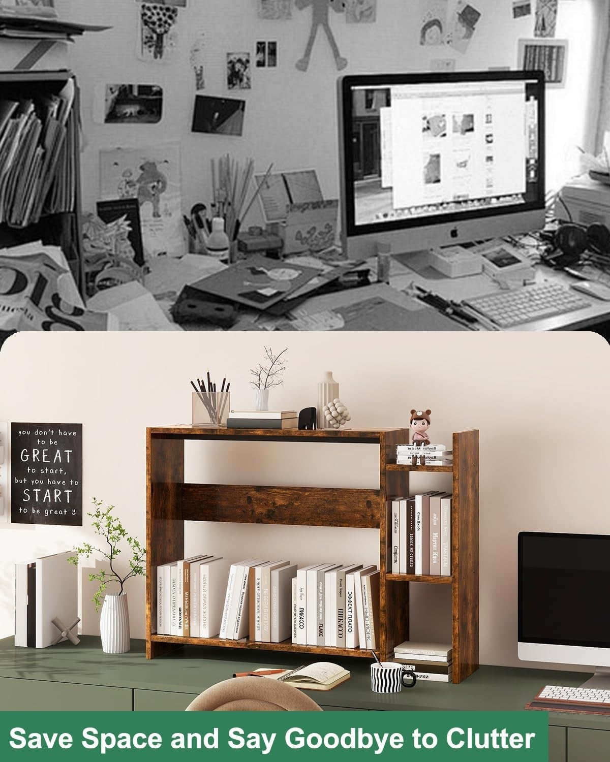 2-Tier Desktop Bookshelf 94cm Monitor Riser Desk Organizer Space-Saving Brown