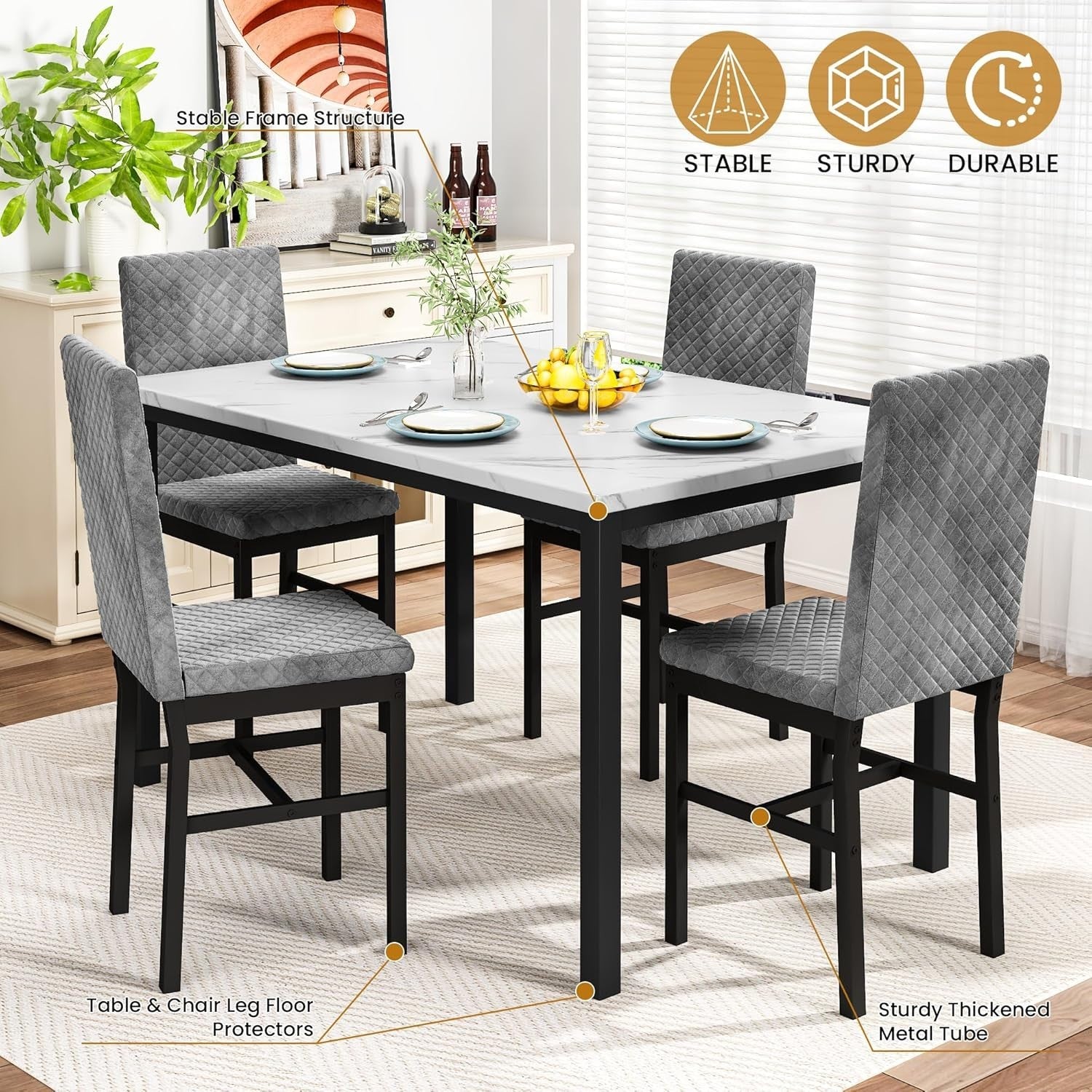 4 Seater Dining Table Set Marble Effect Top & Velvet Chairs Modern Small
