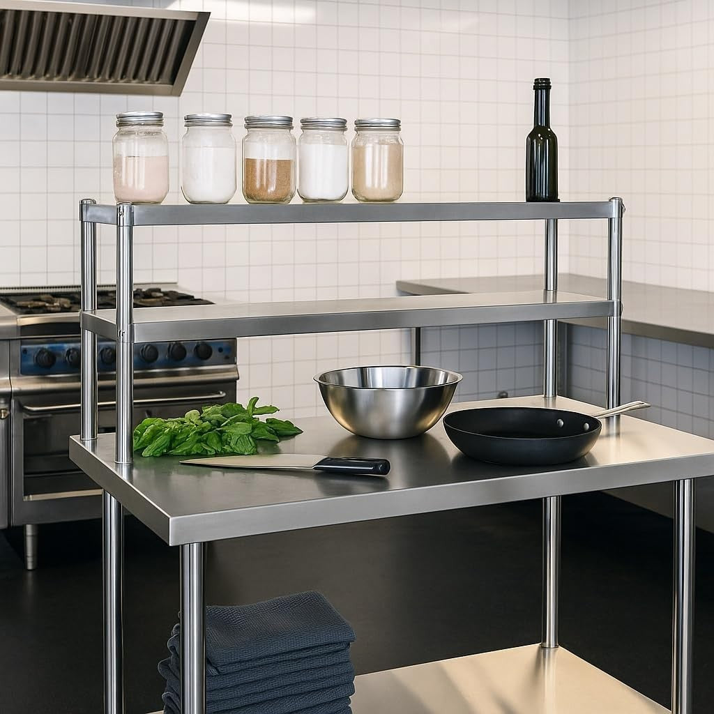 Stainless Steel Work Table 120x60x145cm with 2-Tier Top Shelf Height Adjustable