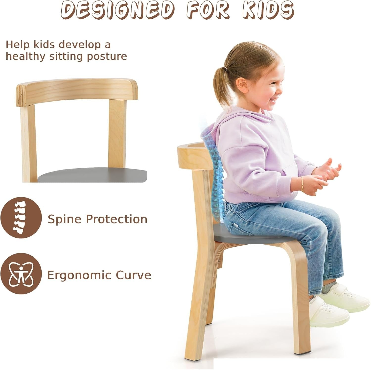 Kids Table & 4 Chairs Set Solid Wood Stackable Ergonomic Grey Furniture