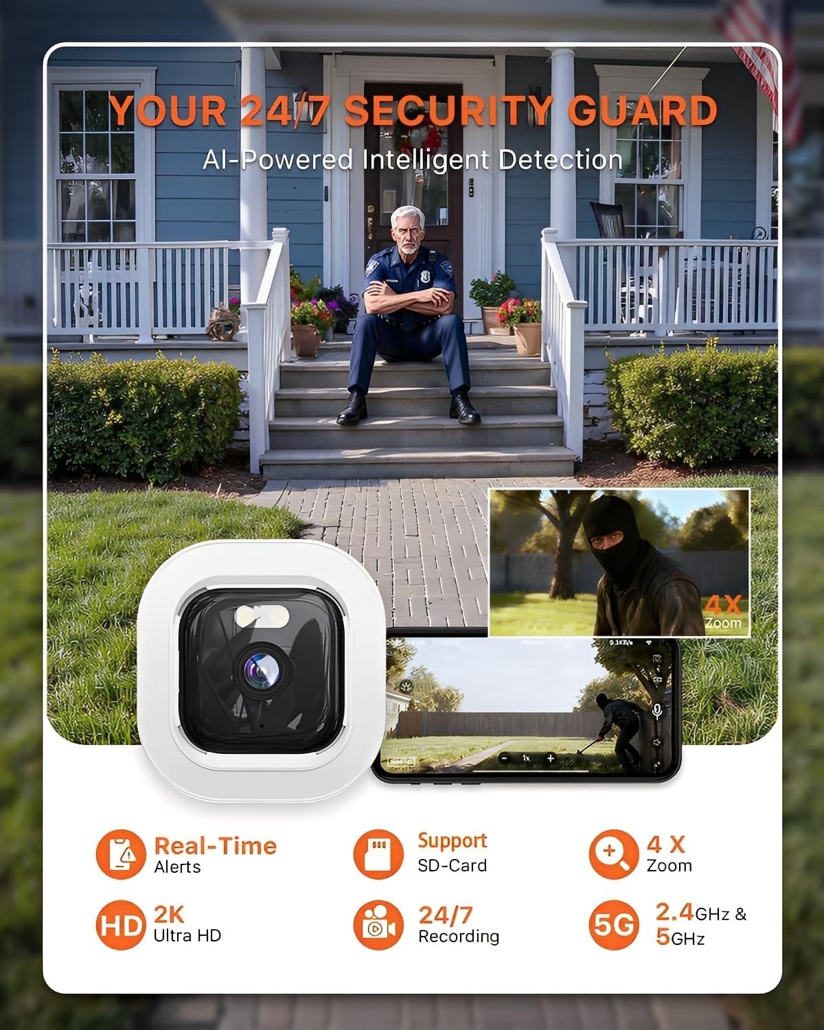 2K Window Security Camera AI Color Night Vision Dual Band WiFi CCTV
