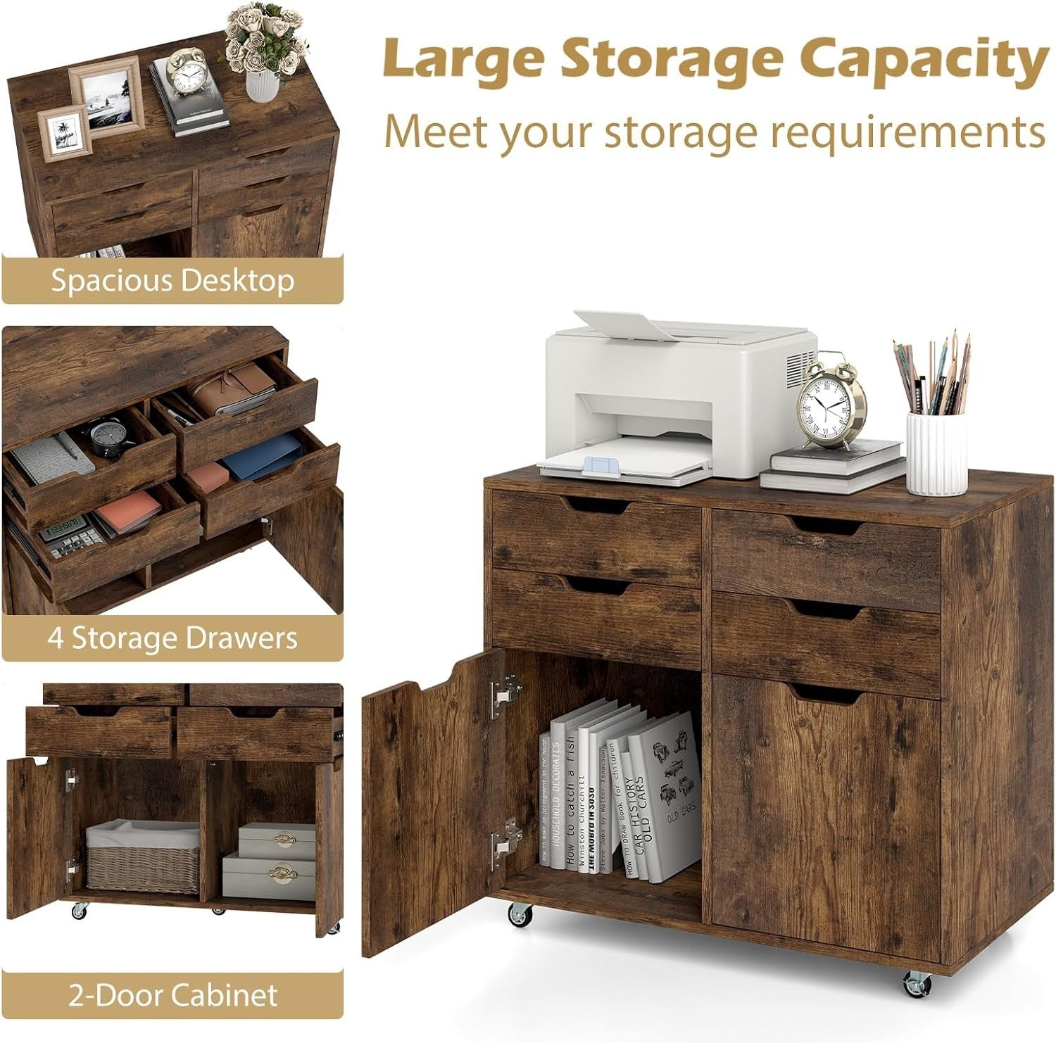 Rustic Mobile File Cabinet 4 Drawer 2 Door Rolling Printer Stand