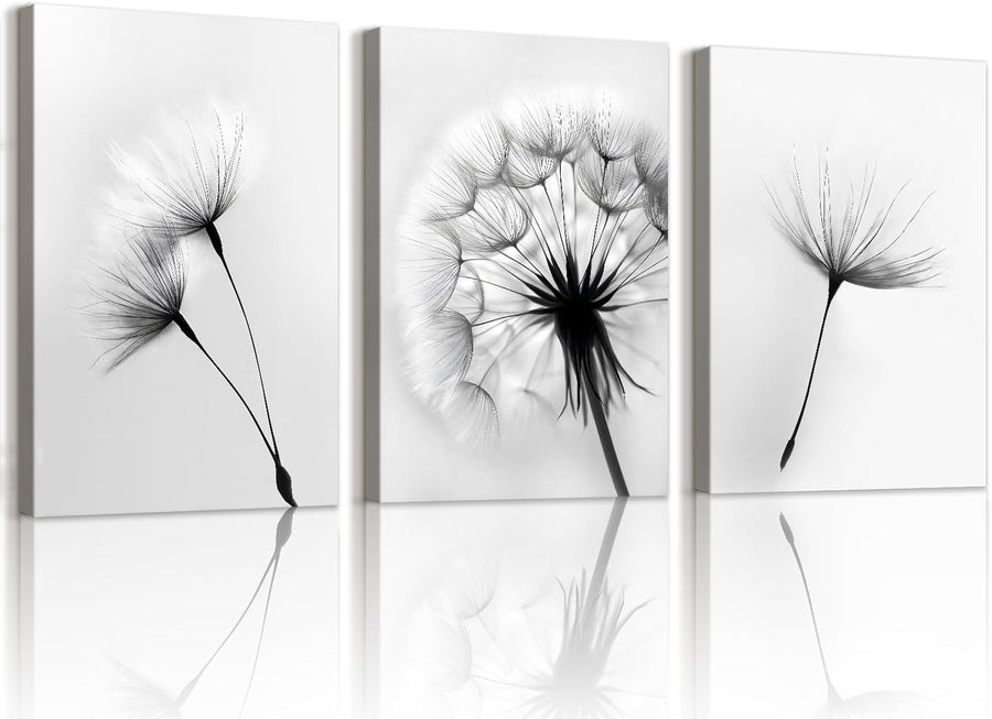 Set of 3 Black White Dandelion Canvas Wall Art Framed