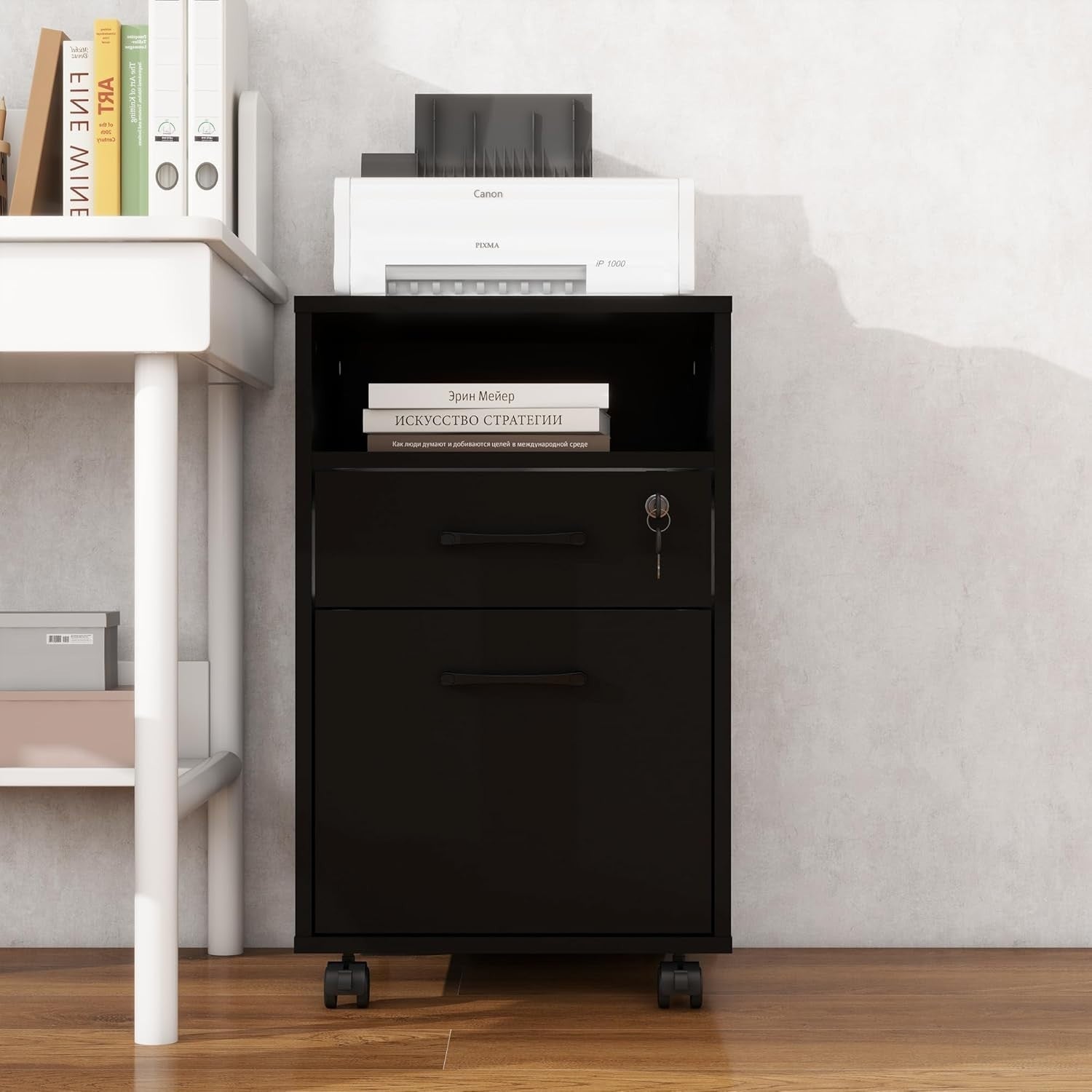 Black Mobile Filing Cabinet Lockable Drawer Printer Stand Under Desk