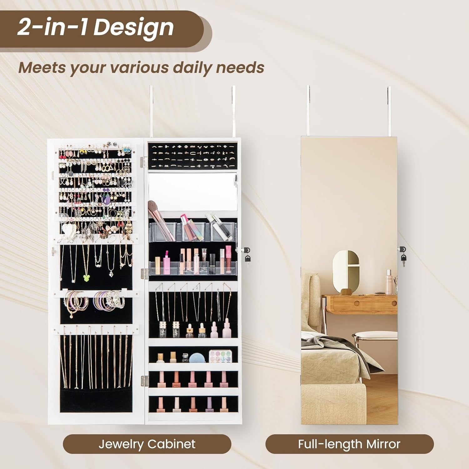 Wall Door Mounted Jewelry Armoire Lockable Full Length Mirror White