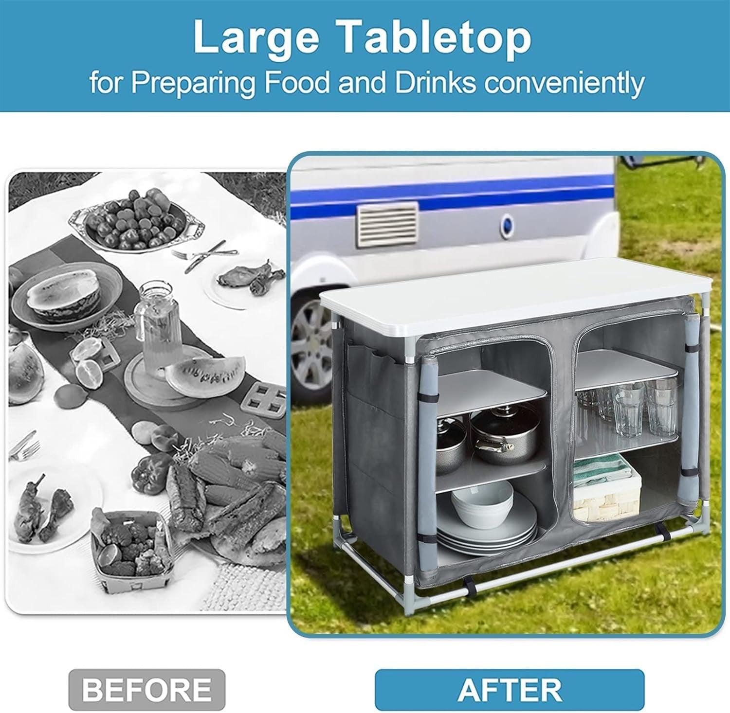 Portable Camping Kitchen Storage Unit with Aluminium Frame & 6 Compartments