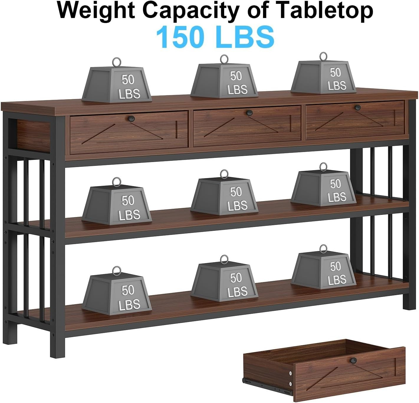 55" Rustic Walnut Sofa Table with Drawers & Shelves – Storage & Style