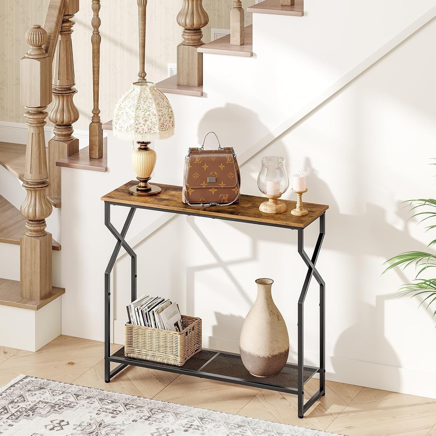 2-Tier Rustic Console Table for Hallway, Narrow Sofa Table with Storage Shelf