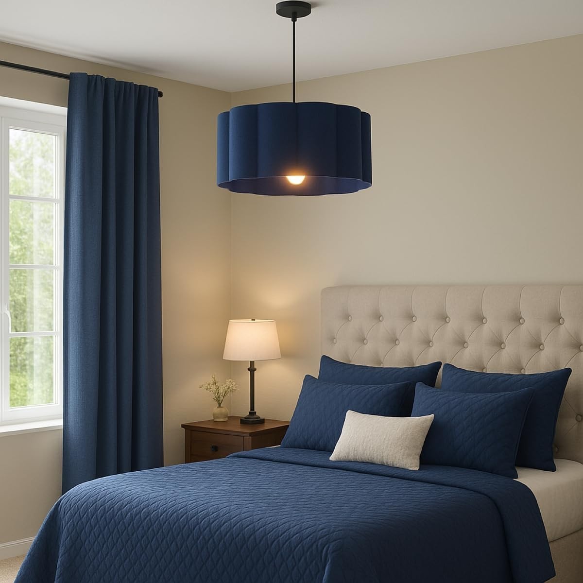 Navy Blue Scalloped Drum Lampshade 48cm Large Ceiling Pendant Light