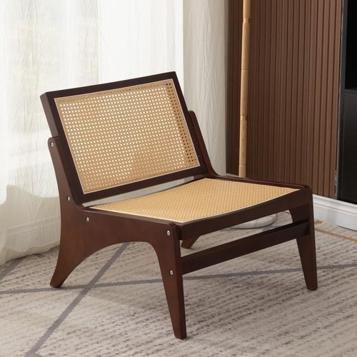 Walnut Rattan Accent Lounge Chair Wooden Frame Mid Century Armchair