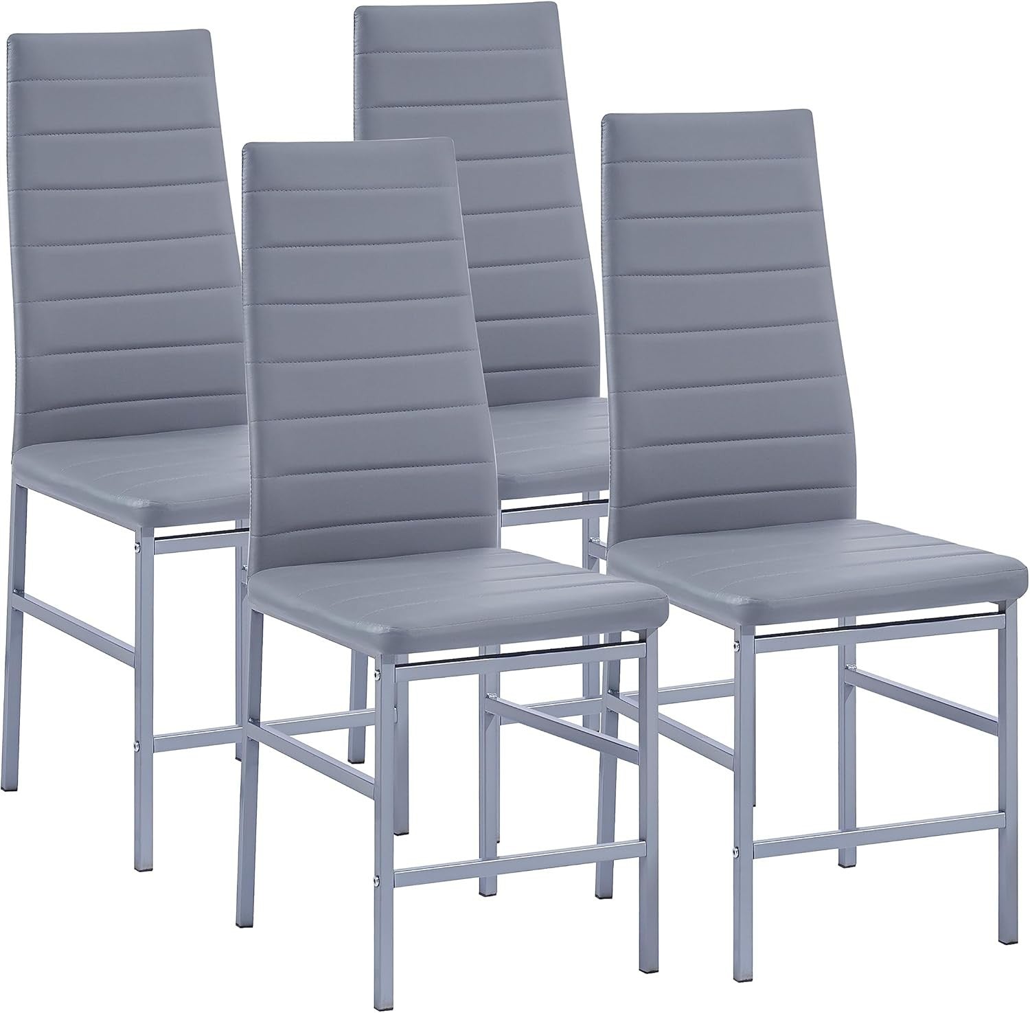 Round Glass Dining Table Set  of 4 Grey Faux Leather Chairs Compact Kitchen