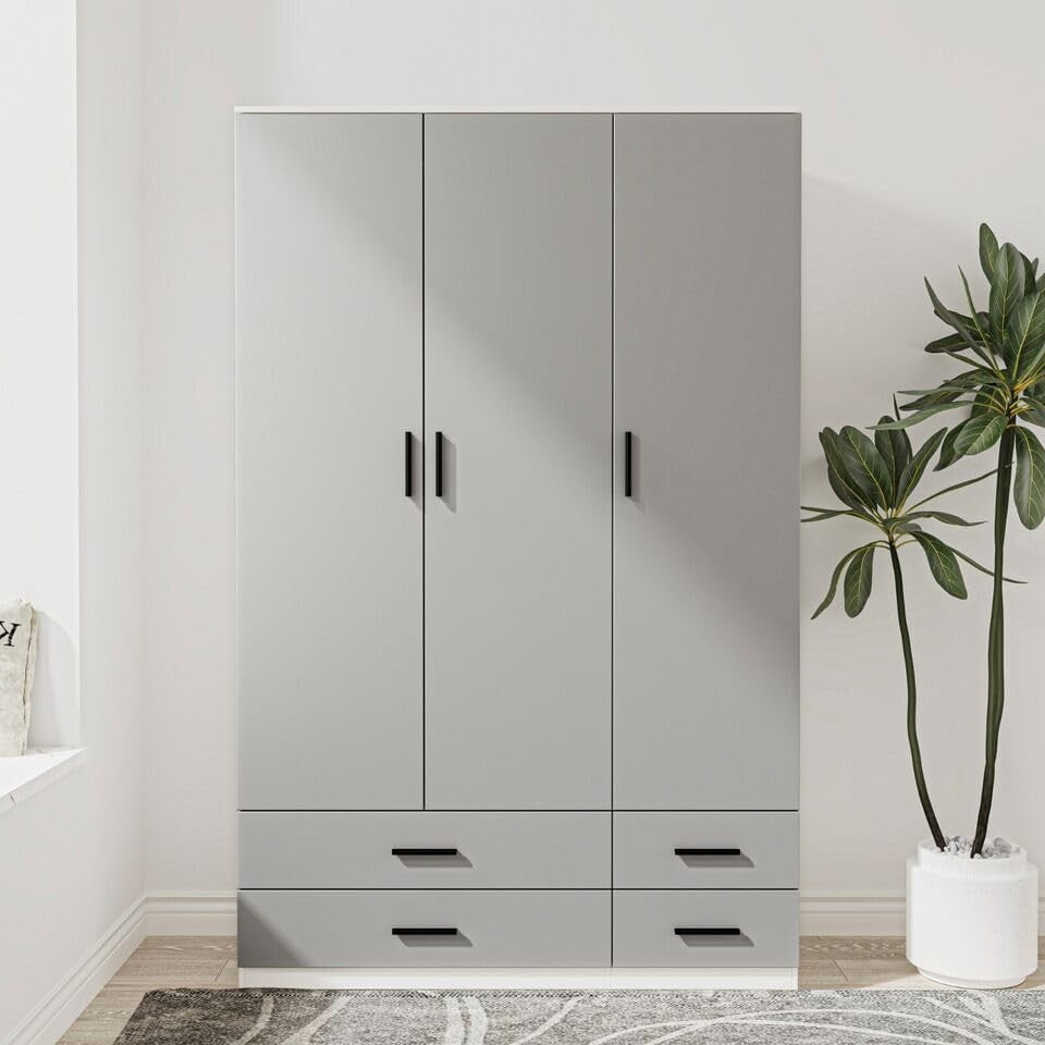 White Grey 3 Door Wardrobe with 4 Drawers Hanging Rail Bedroom Storage